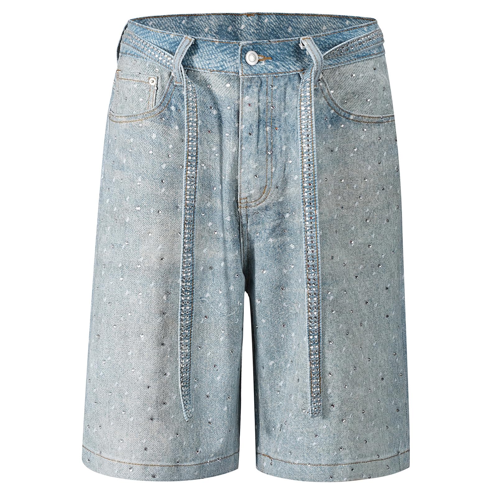 Y2K Rhinestone Baggy Jeans Shorts Wide Leg Washed Denim Shorts Grunge Ripped Bermuda Jorts Hip Hop Streetwear-image-23