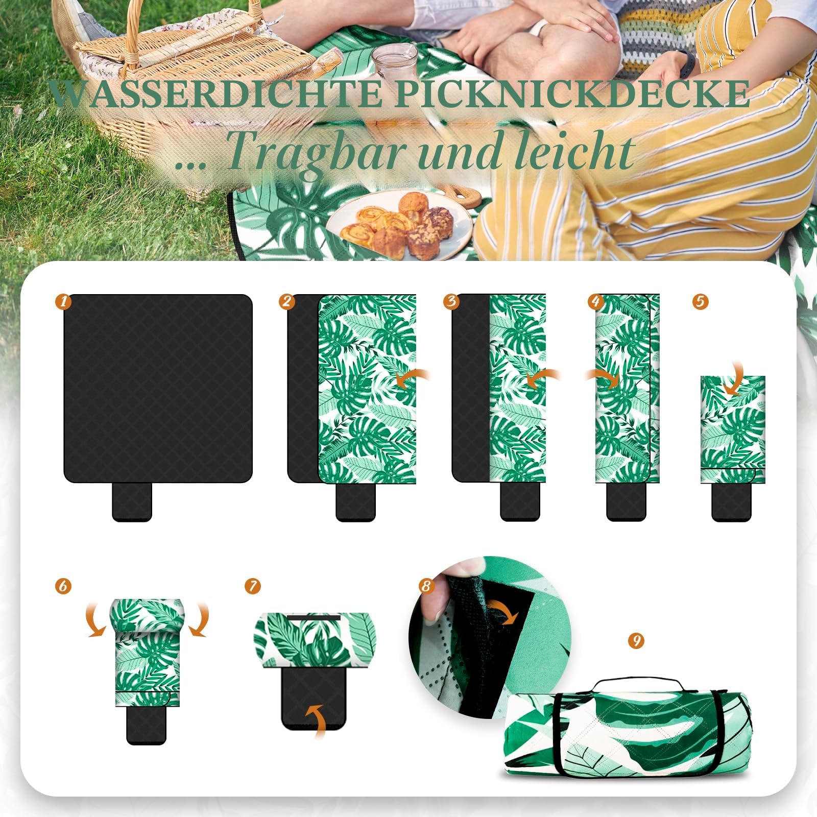 Picknickdecke,200x200 cm,Wasserdicht & Isoliert,Blattmuster Sandfeste Strandmatte für 4-6 Campingdecke,Faltbar und Tragbar mit Tragegriff,Campingdecke für Outdoor,Reisen,Wandern und Picknick