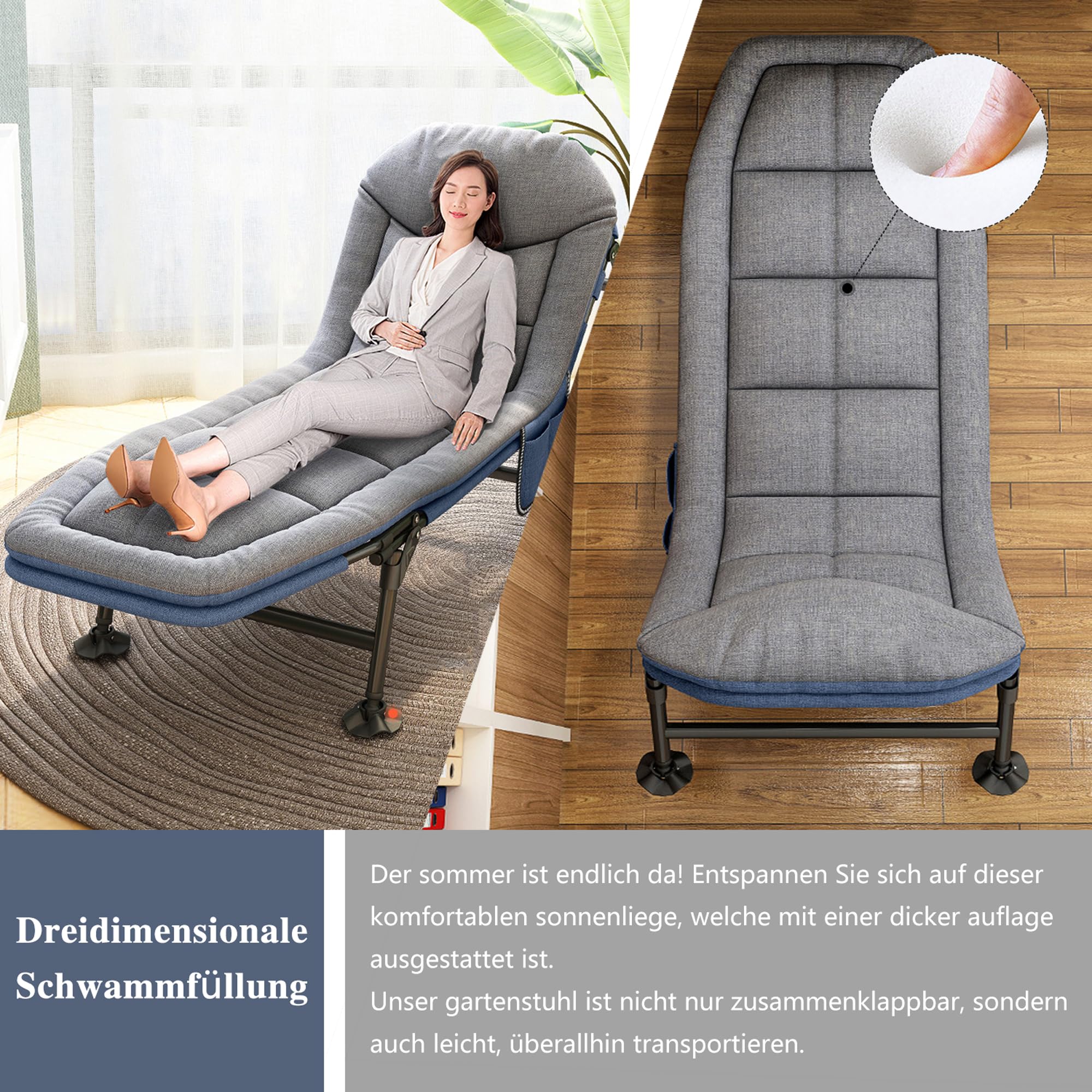 Brandina da Campeggio, Lettino da Campeggio per Adulti - Portatile Letto da Camping Leggero Pieghevole, Sdraio da Giardino per Esterno Terrazzo, 190x65x30cm, Caricabile Fino a 160 kg, Grigio