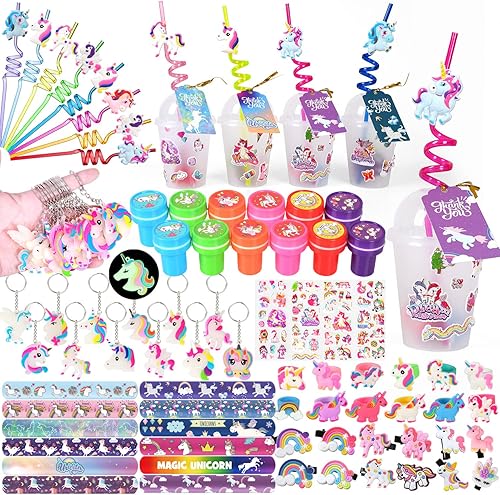 MOVINPE Regalos de fiesta de unicornio personalizan tazas de regalo con etiquetas de regalo, relleno de pajitas reutilizables con temática de