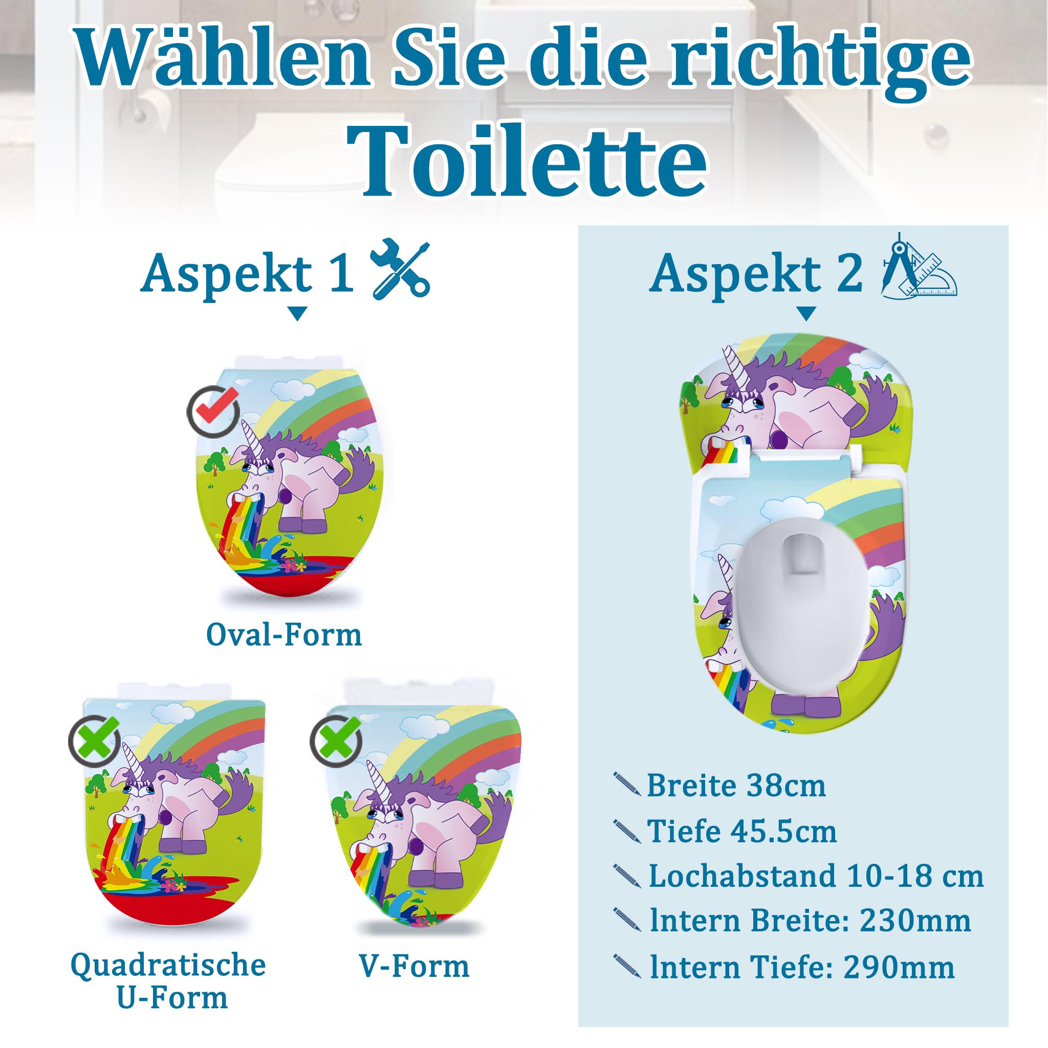 YRHome Deska sedesowa wolnoopadająca, deska sedesowa z powolnym opuszczaniem, różne wzory do wyboru, kolorowy jednorożec