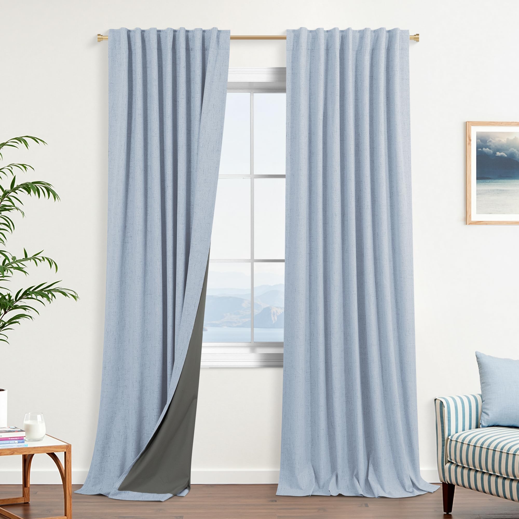 KOUFALL Light Blue Back Tab Linen Blackout Curtains 52x90 Inches Long
