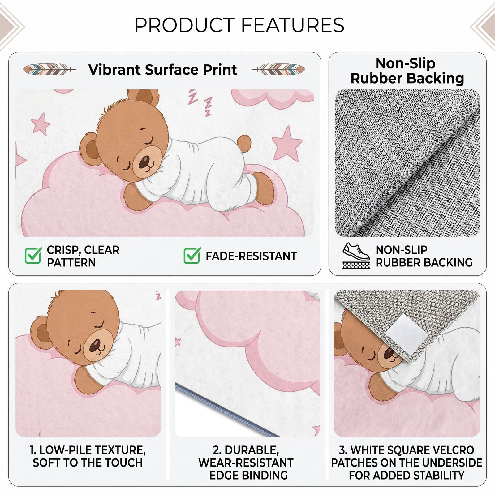 Tappeto per soggiorno con cartoni animati, 120 x 170 cm, motivo a forma di orsetto rosa, nuvola rosa, lavabile in lavatrice, antiscivolo, design moderno, a pelo basso, stampato, per bambini e animali