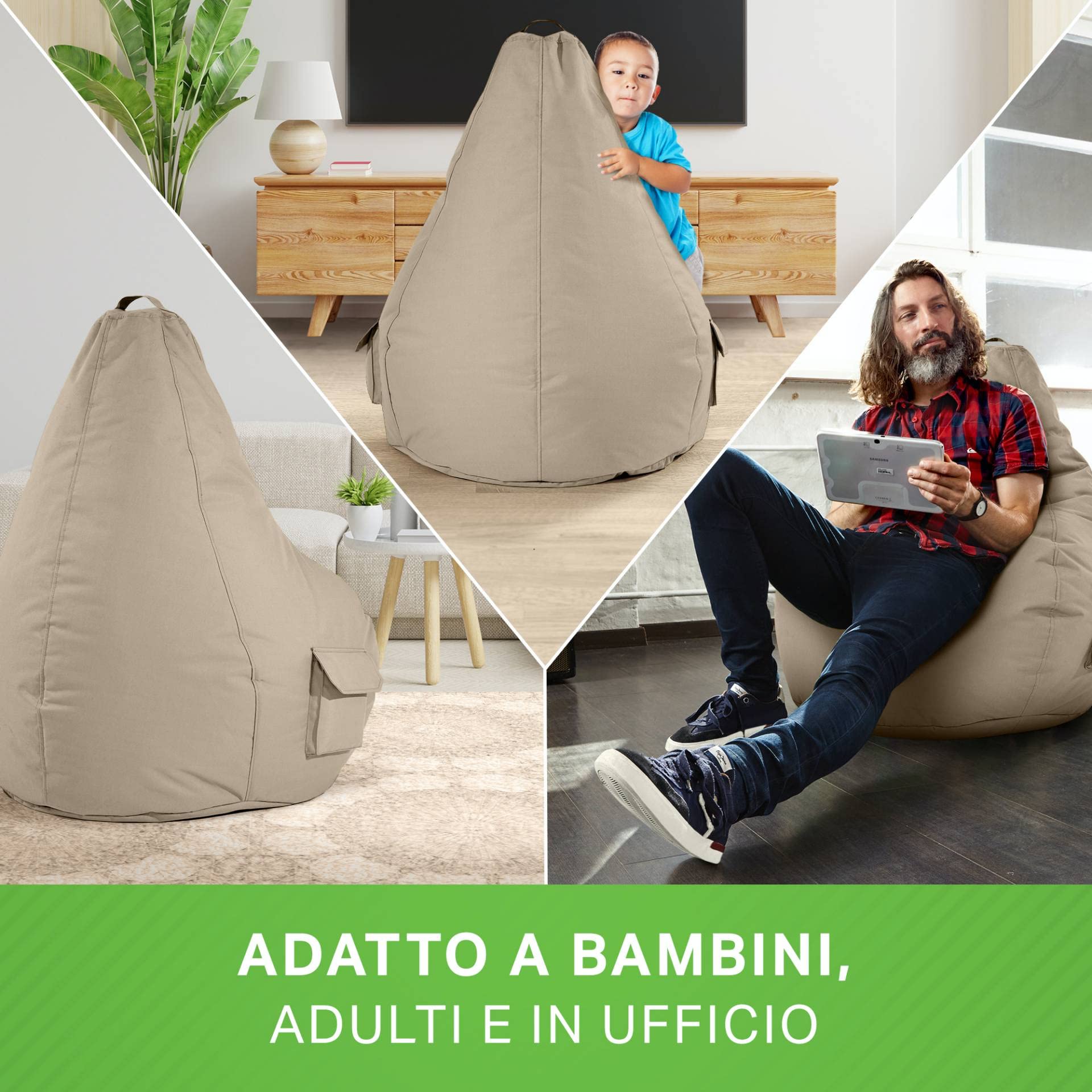 Pouf Sacco Cozy + Sgabello Quadrato - Già Riempito, Verde Mimetico