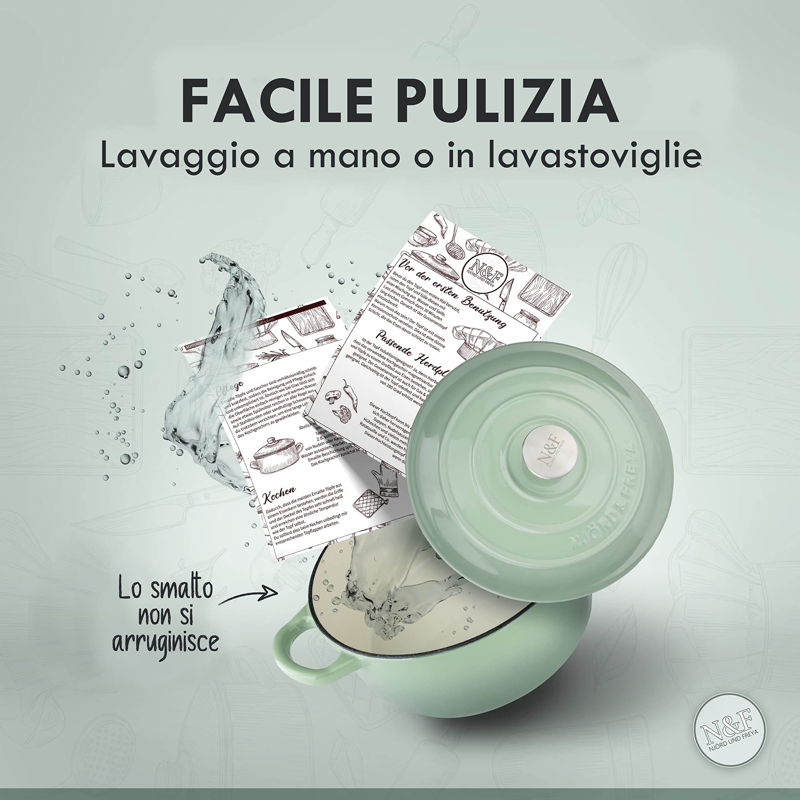 Njörd & Freya Casseruola in ghisa, girarrosto con coperchio, casseruola in ghisa, rivestimento smaltato, adatto a tutti i tipi di fornelli e fornelli a induzione, diametro 24 cm