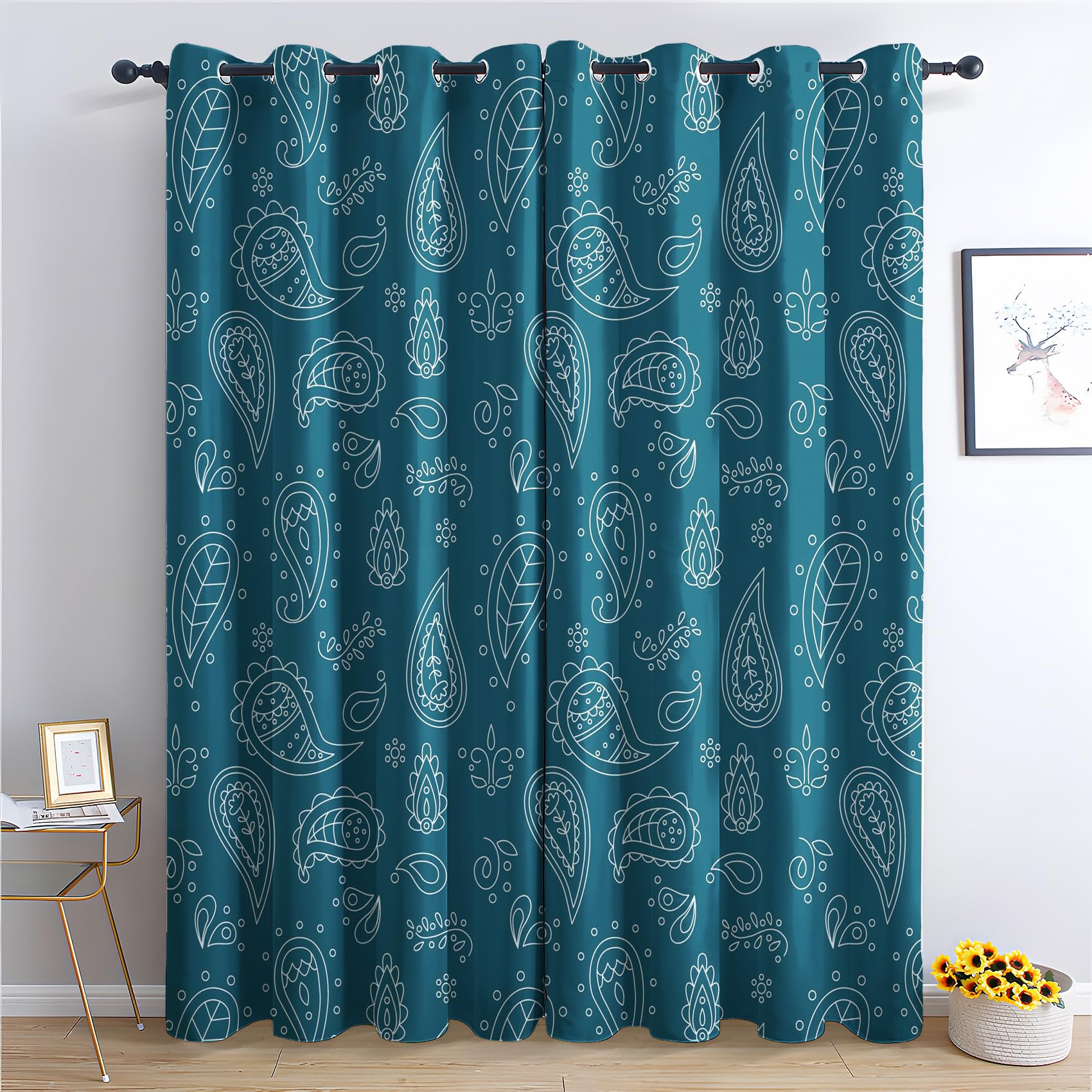Zcwl Multicoloured Teal Paisley Curtains For Bedroom Living Room, Bohemian Patterned Blackout Curtains, Thermal Insulated Eyelet Curtain, 54 Drop Window Treatments Drapes, 46X54 Inch (W X L), 2 Panels