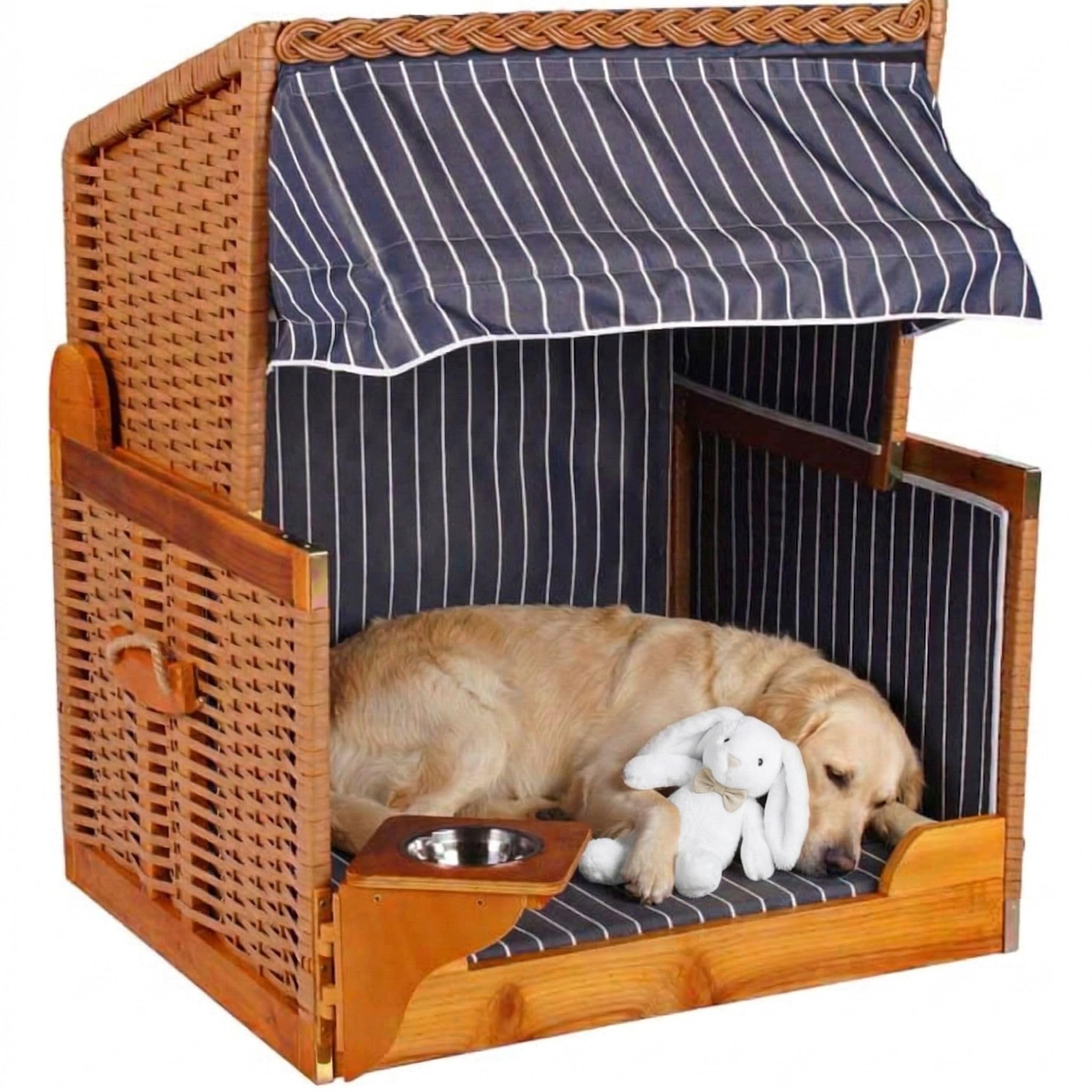 MR. DEKO® Panier Plage Chien genévrier PE Beige | Motif rayé Bleu | Niche extérieure ombragée | Protection Solaire Animaux | Couchage Chien Chat | Bol Eau pivotant INOX Inclus