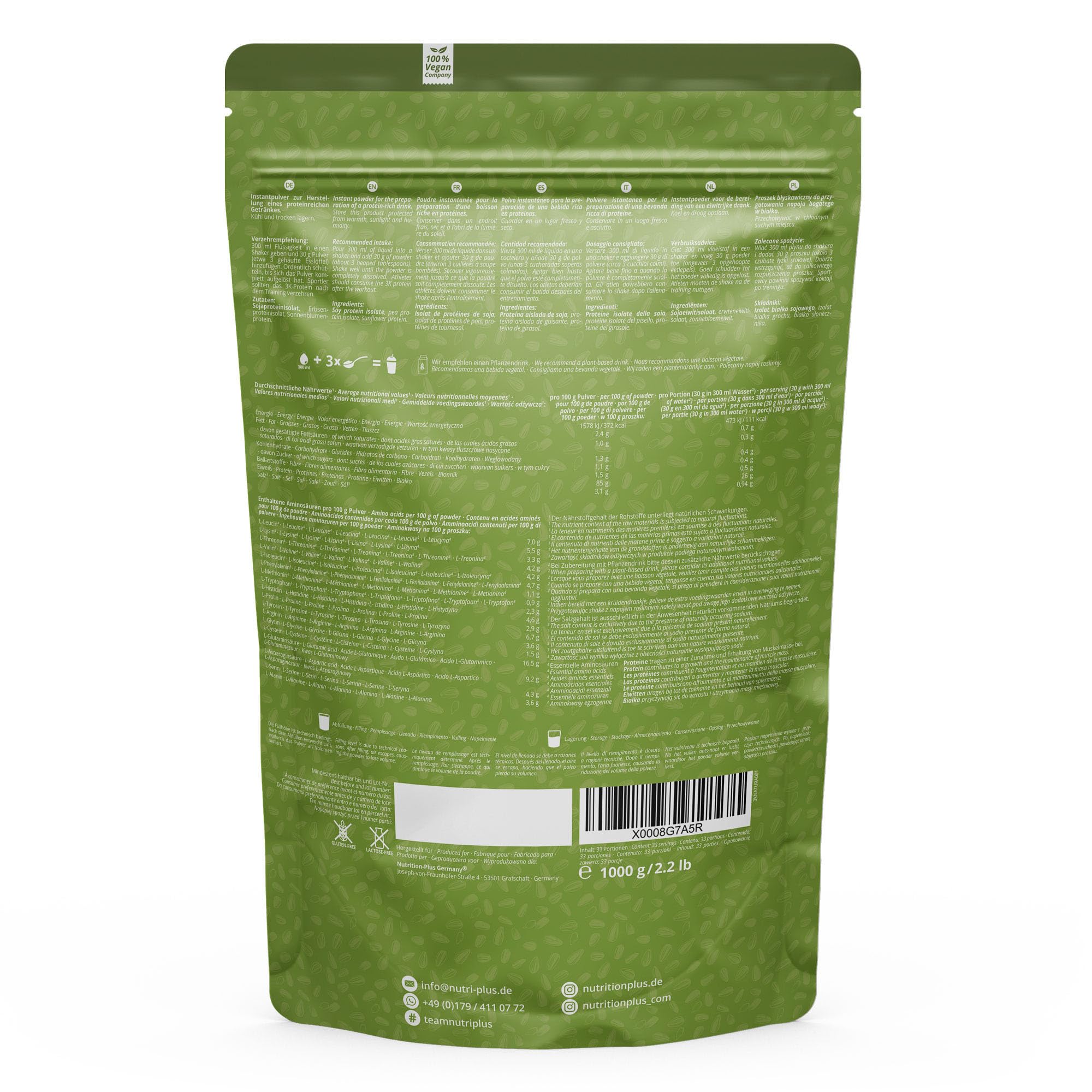 PROTEINA IN POLVERE VEGAN Gusto Neutro 85% di Proteine - Nutri-Plus 3K-Protein Powder Natural - Polvere Proteica senza Lattosio - Isolato proteico