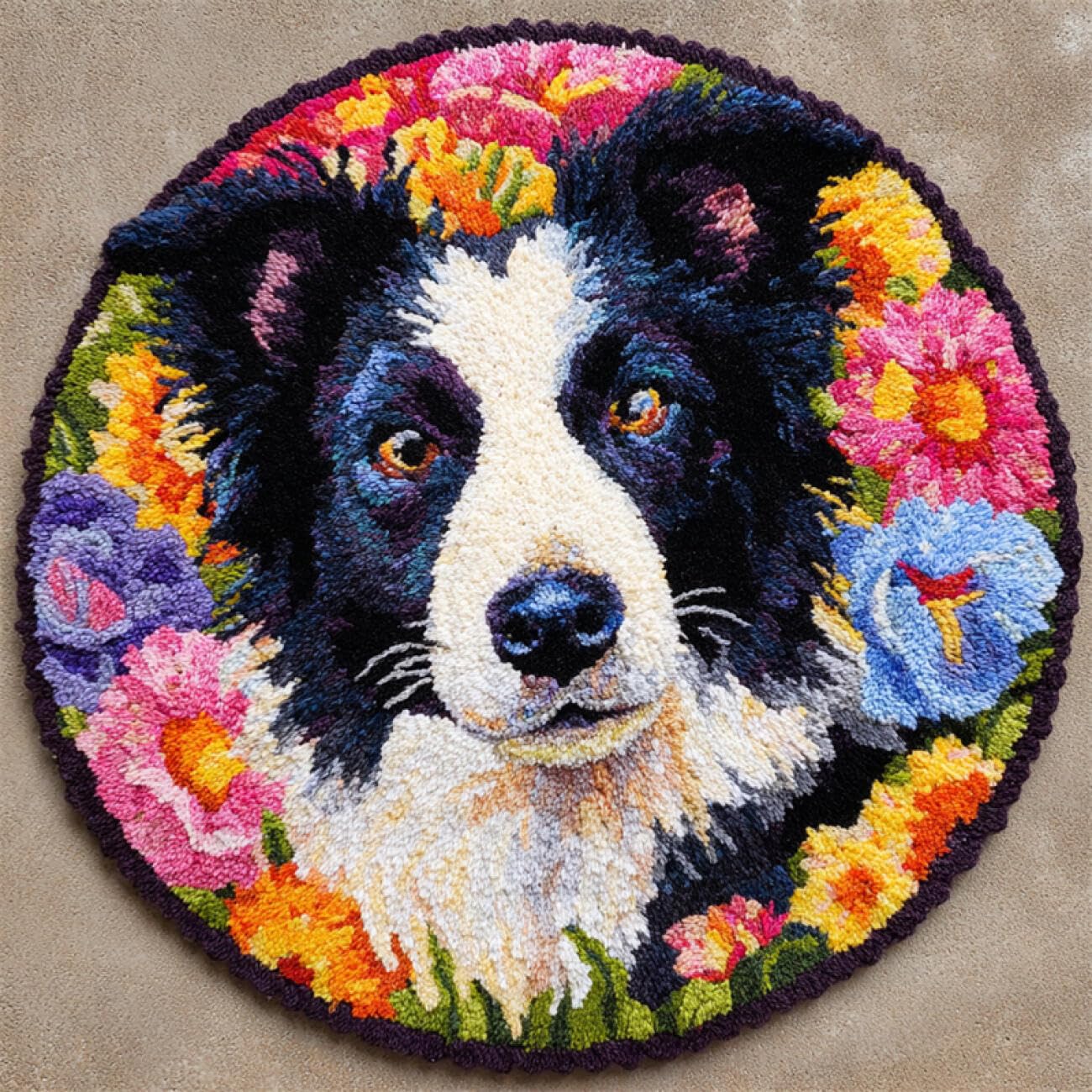 Kitquiver Dog Animal Tapestry Kits for Adults Border Collies and Flowers Latch Hook Rug Making Kit for Adults Embroidery Kits DIY Carpet Needlework for Home Decor 60x60cm