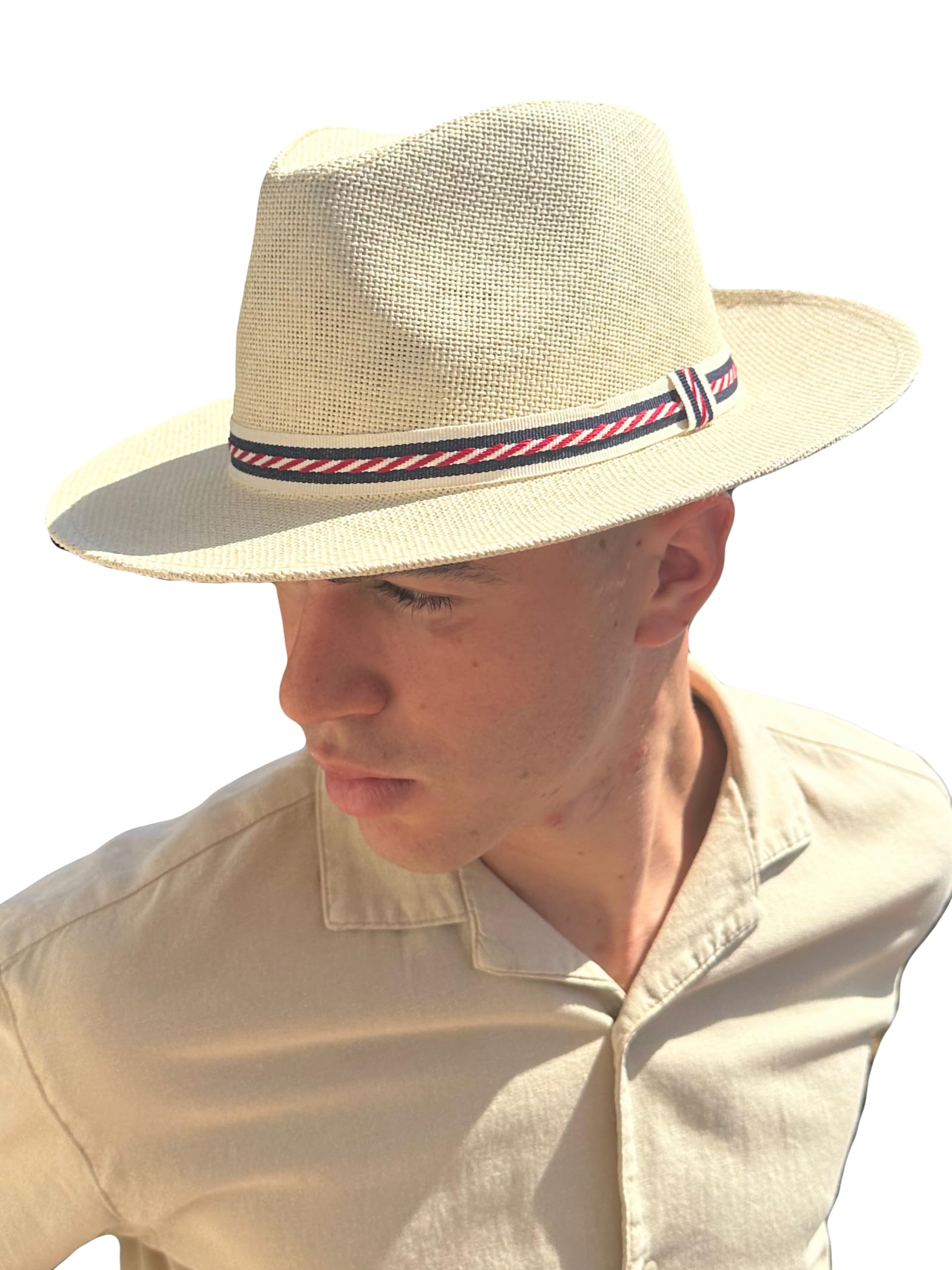 MIGURA Sombrero Blanco Hombre De Paja Protección Solar Panama Pamela Playa Verano Esparto Gorra para Sol Visera Enrollable con Tira Ajustable Rojo Azul