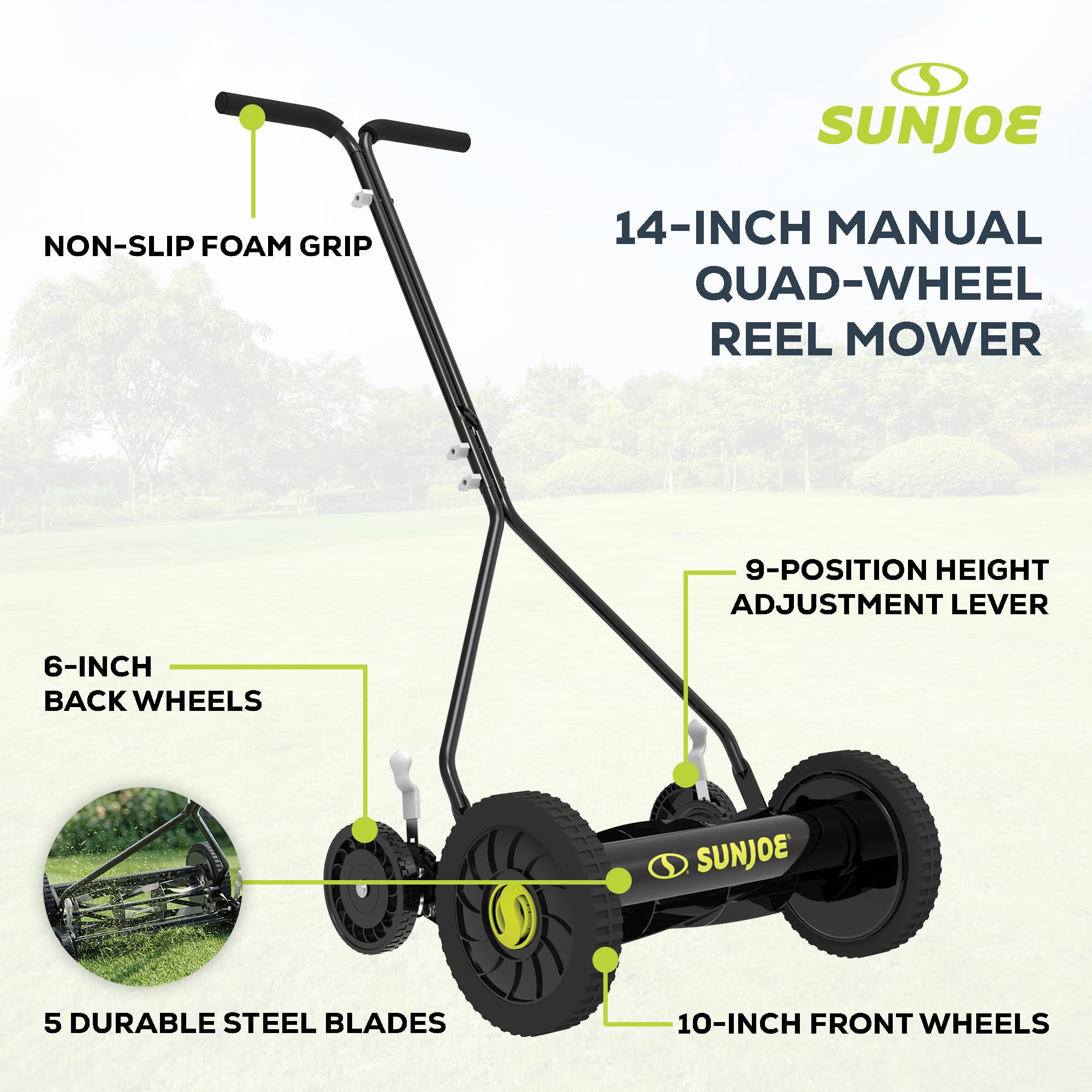 Sun Joe Ruedas manuales inalámbricas, cortacésped MJ503M, Verde, desbrozadora, Ruedas cuádruples de 14 Pulgadas, versión de Acero y 9 Posiciones Ajustables