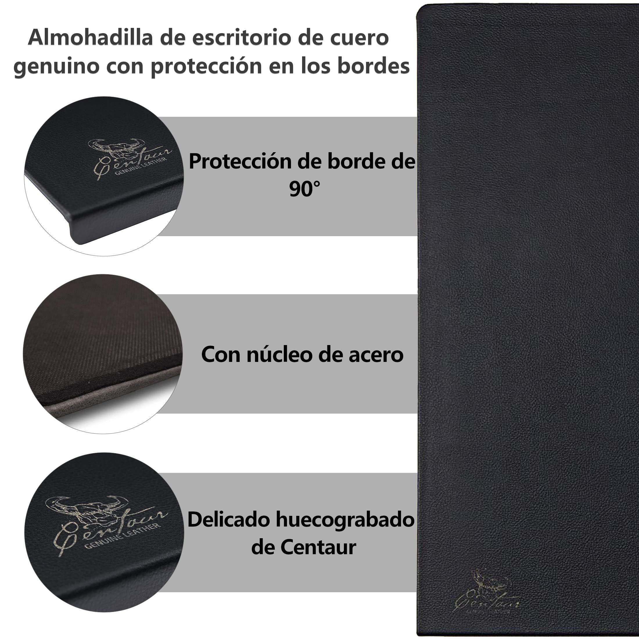 Centaur - cojín de escritorio hecho a mano 55x80 cm negro cojín de escritorio de cuero para el escritorio de la oficina con protección de los bordes en ángulo de 90°