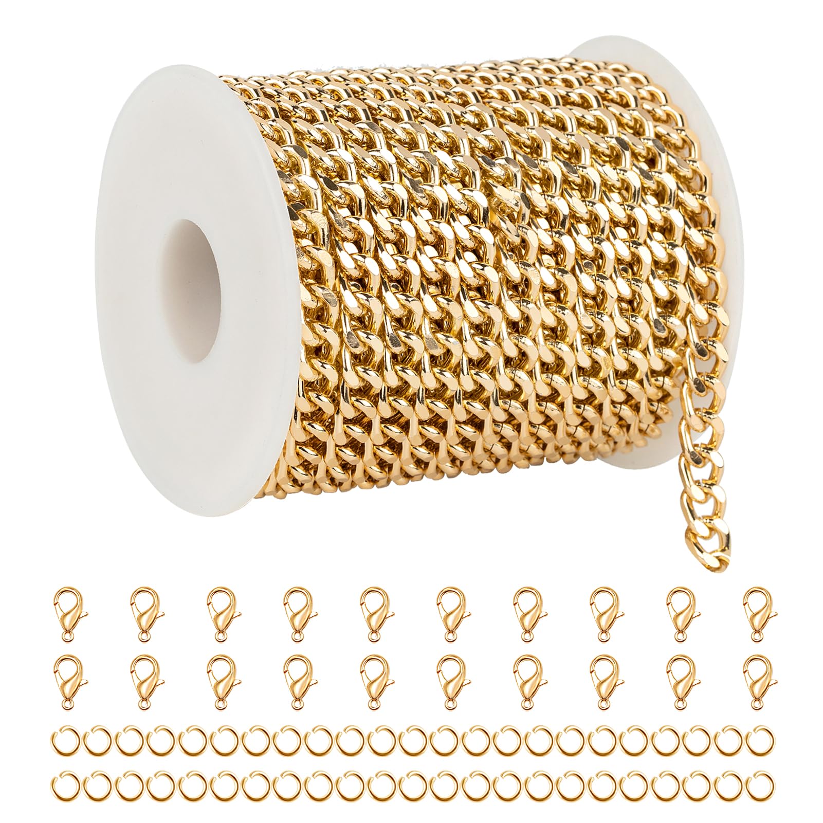 Kyutong 32.8 Feet Gold Plated Jewelry Making Chains Bulk Width 7MM Cuban Chain for Men Women Unwelded Aluminum Chain Link with Jewelry Clasps for DIY