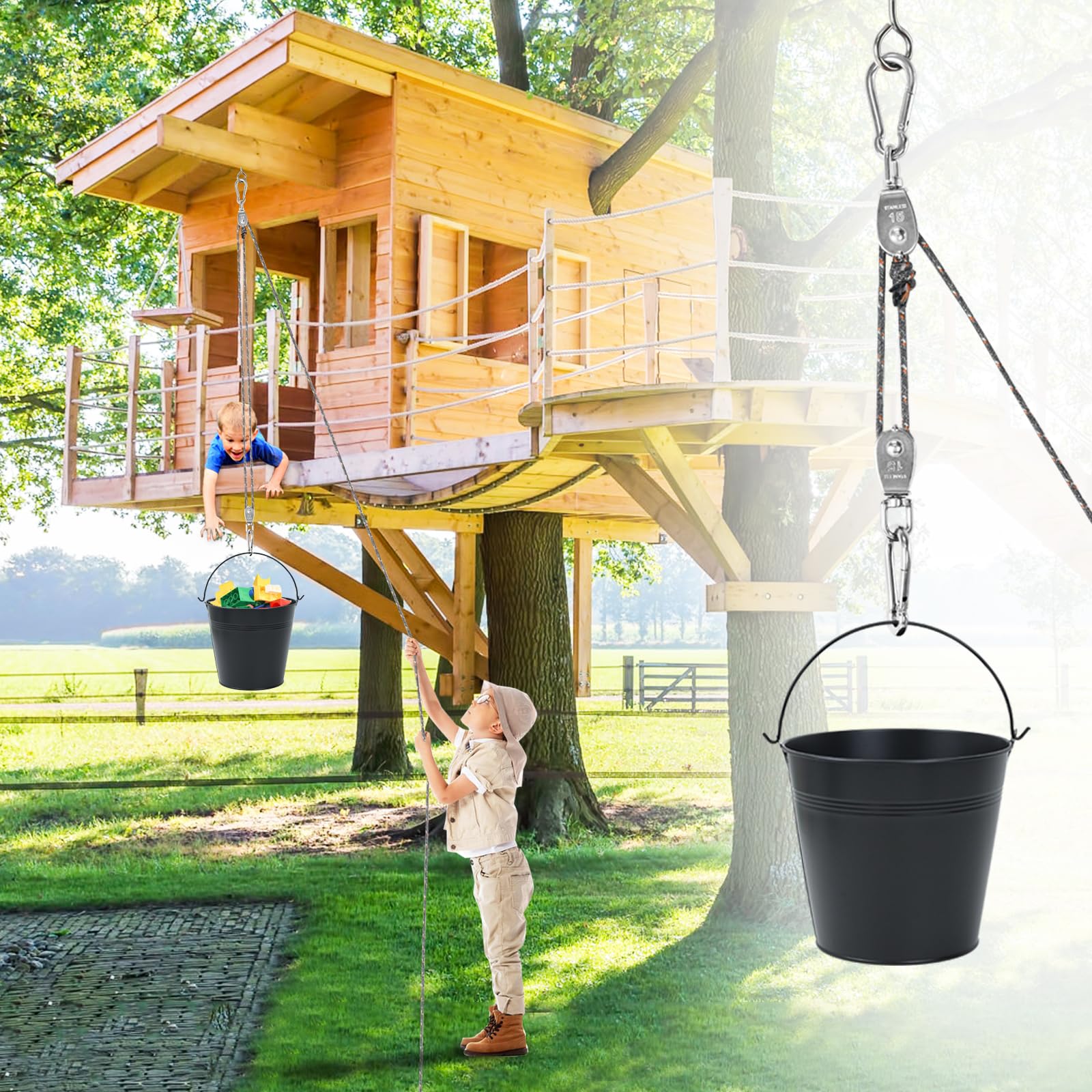 FORMIZON Puleggia per bambini, puleggia con secchio in metallo, sistema puleggia per bambini e secchio pieghevole, accessori per capanna in alberi e torre di gioco, giocattoli da giardino per bambini