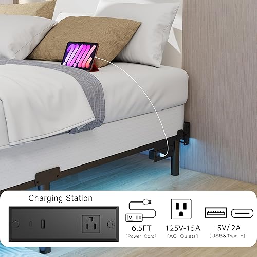 Miniatura 5 de Base de cama de tamaño matrimonial con luces LED, plataforma de 7 pulgadas, base de cama gruesa para somier y bases de colchón, longitud ajustable,