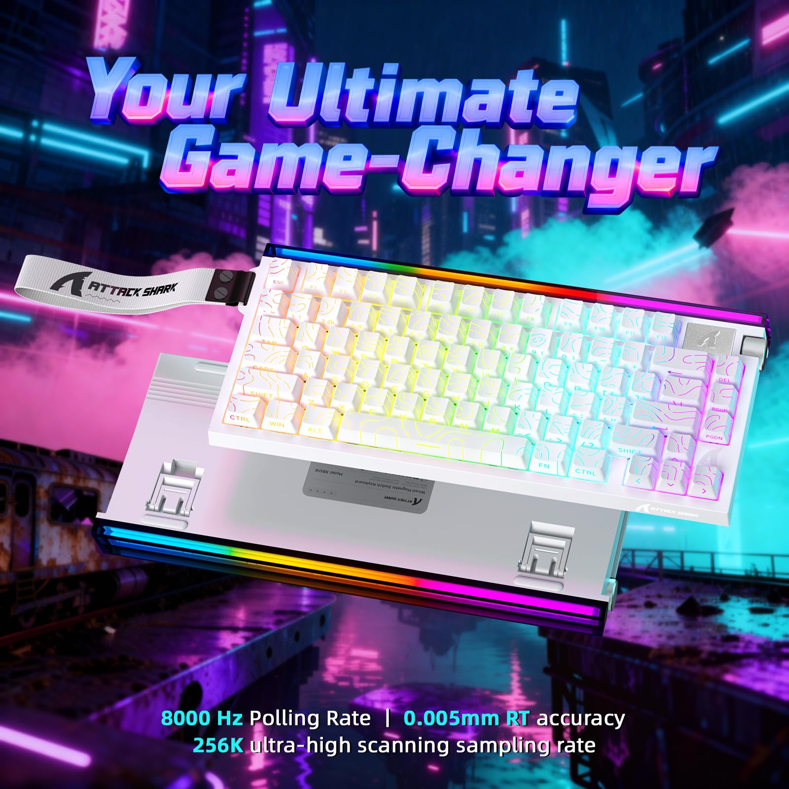 ATTACK SHARK R85 HE – Przewodowa klawiatura gamingowa 75% z kablem C01ULTRA LED, magnetycznymi przełącznikami, oprogramowaniem Multifunctional, RGB, pokrętłem, 8000 Hz (Biały kontur)