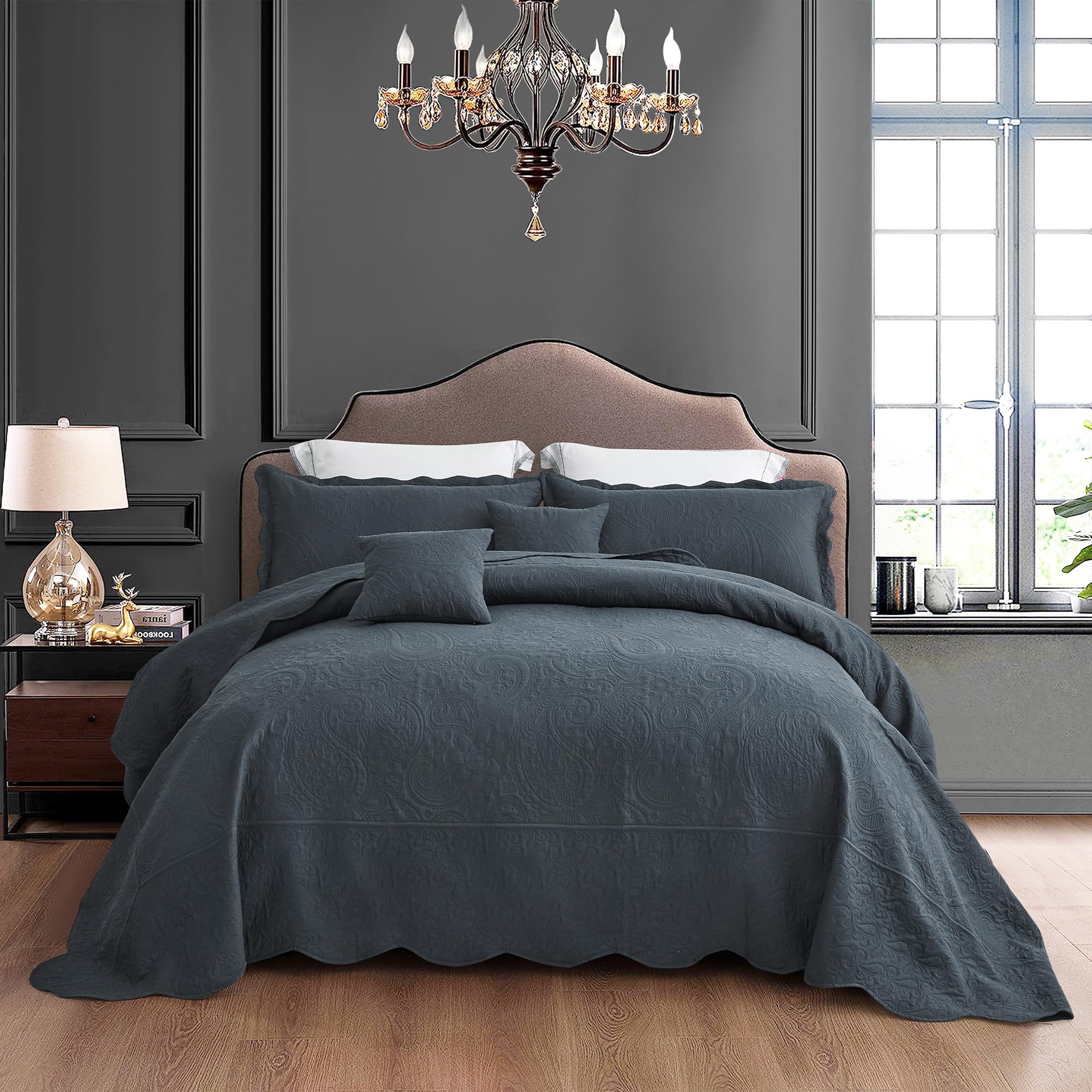 Oversized King Bedspreads 128x120, Embossed Paisley, Polar Night