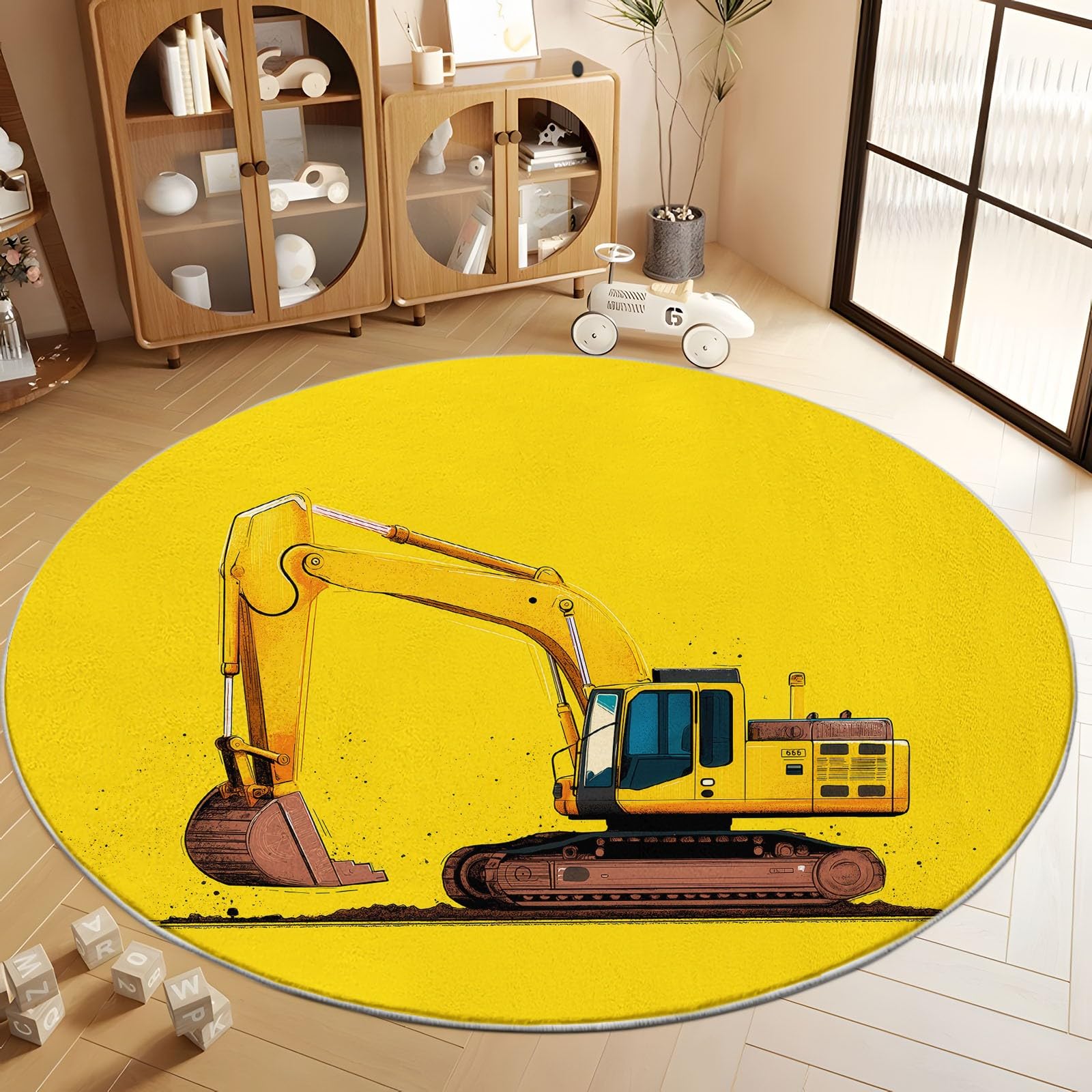 Generico Tappeto Rotondo Lavabile 160 cm per Soggiorno, Tappetino Antiscivolo Resistente Cartoon Veicoli da Costruzione - Tappeto Morbido Stampato Giallo Senape per Camera da Letto Cameretta Cucina