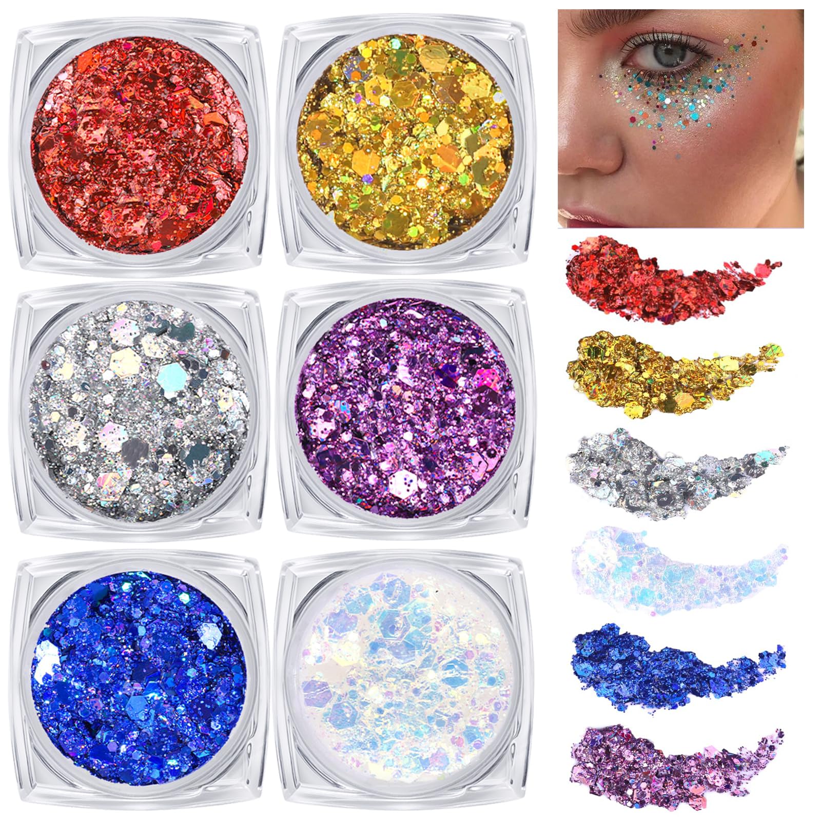 6 Stück Festival Glitzer Gesicht,Body Glitter Gel Chunky Sequin Face Body Glitter Festival Zubehör Accessoires Gadget,Gesichtsbemalungsset, Halloween, Karnevalsparty & Weihnachts-Make-up-Zubehör (B)