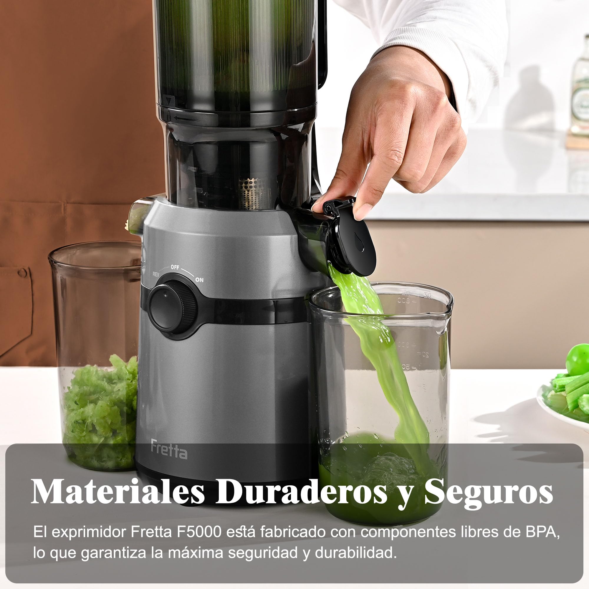 Fretta Extractor de Zumos y Verduras, Apertura de 108MM y Capacidad de 1L, Licuadora Prensado en Frio para Verduras Frutas Enteras, 200W Slow Juicer Machine, Fácil Montaje y Limpieza, Sin BPA (Gris)