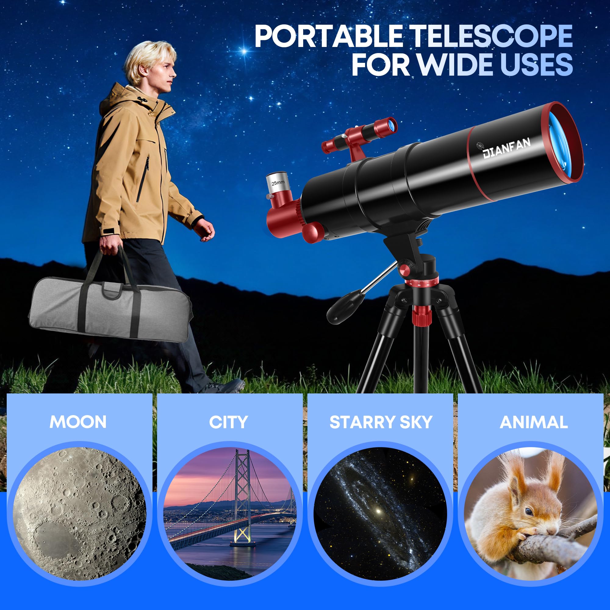 Dianfan Telescopio 90/550 Astronómico para Adultos, Telescopio Refractor Portátil para Principiantes con Montura AZ, Trípode, Adaptador para Teléfono, Bolsa de Transporte y Taburete Plegable