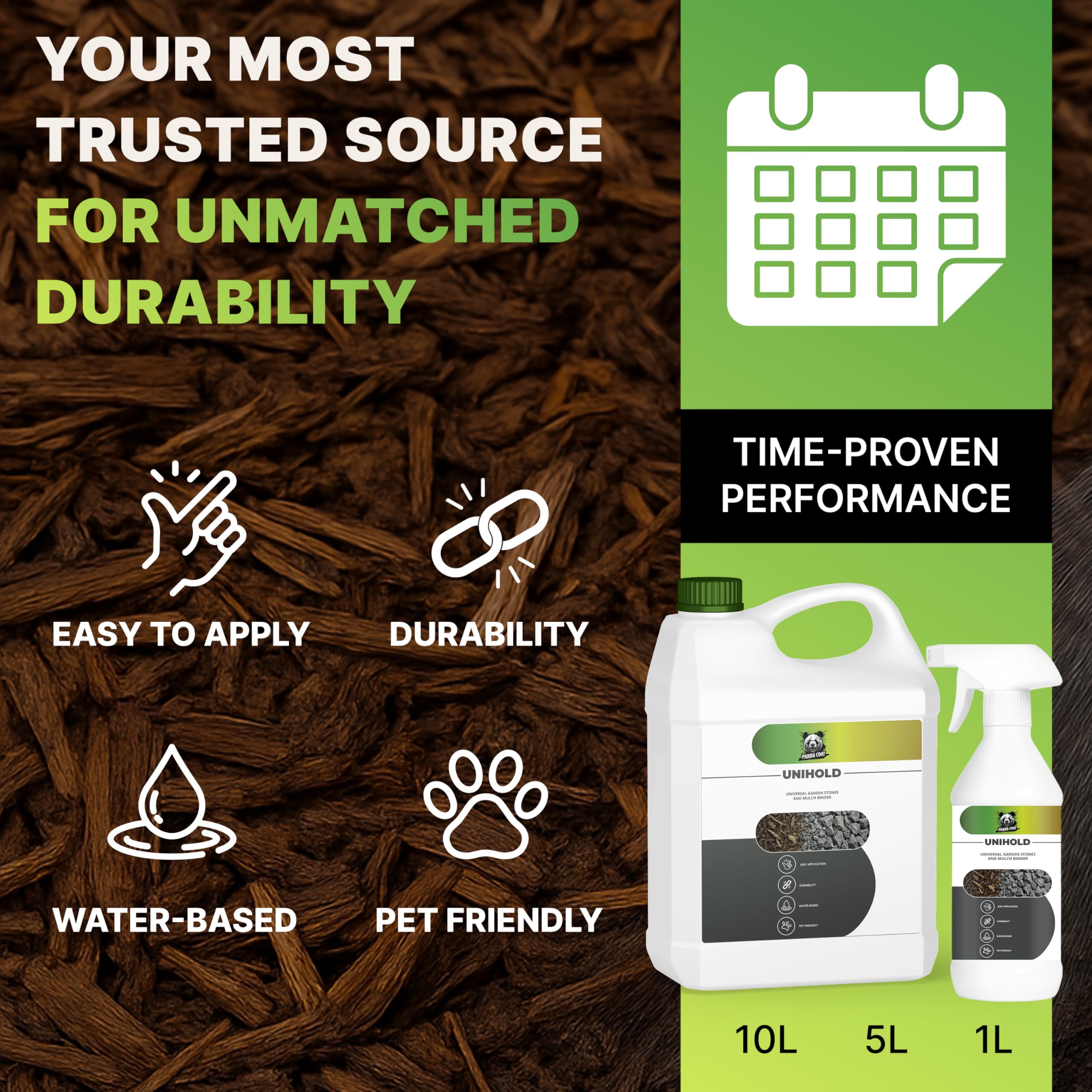 UNIHOLD – Universeller Bindemittel für Gartensteine & Mulch | Haustierfreundlich, Wasserbasiert, Einfache Anwendung | Langlebiger Landschaftskleber (1L / 5L / 10L)