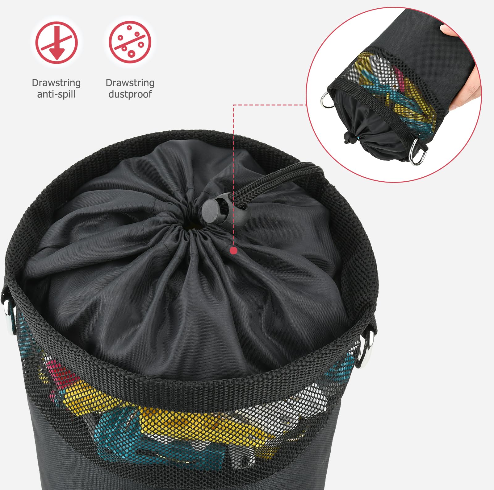 Mellbree Premium Peg Bag for Washing Line with Hanger Black Peg Bag with Closing Cord and Shoulder Strap for Laundry Clothes Pegs Indoor Outdoor Pegs Organizer Storage Use - Image 3