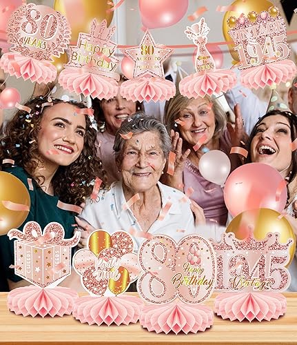 Miniatura 3 de 9 piezas de decoración de cumpleaños número 80 para mujeres, decoraciones de mesa de panal feliz cumpleaños 80, centros de mesa de oro rosa y rosa,