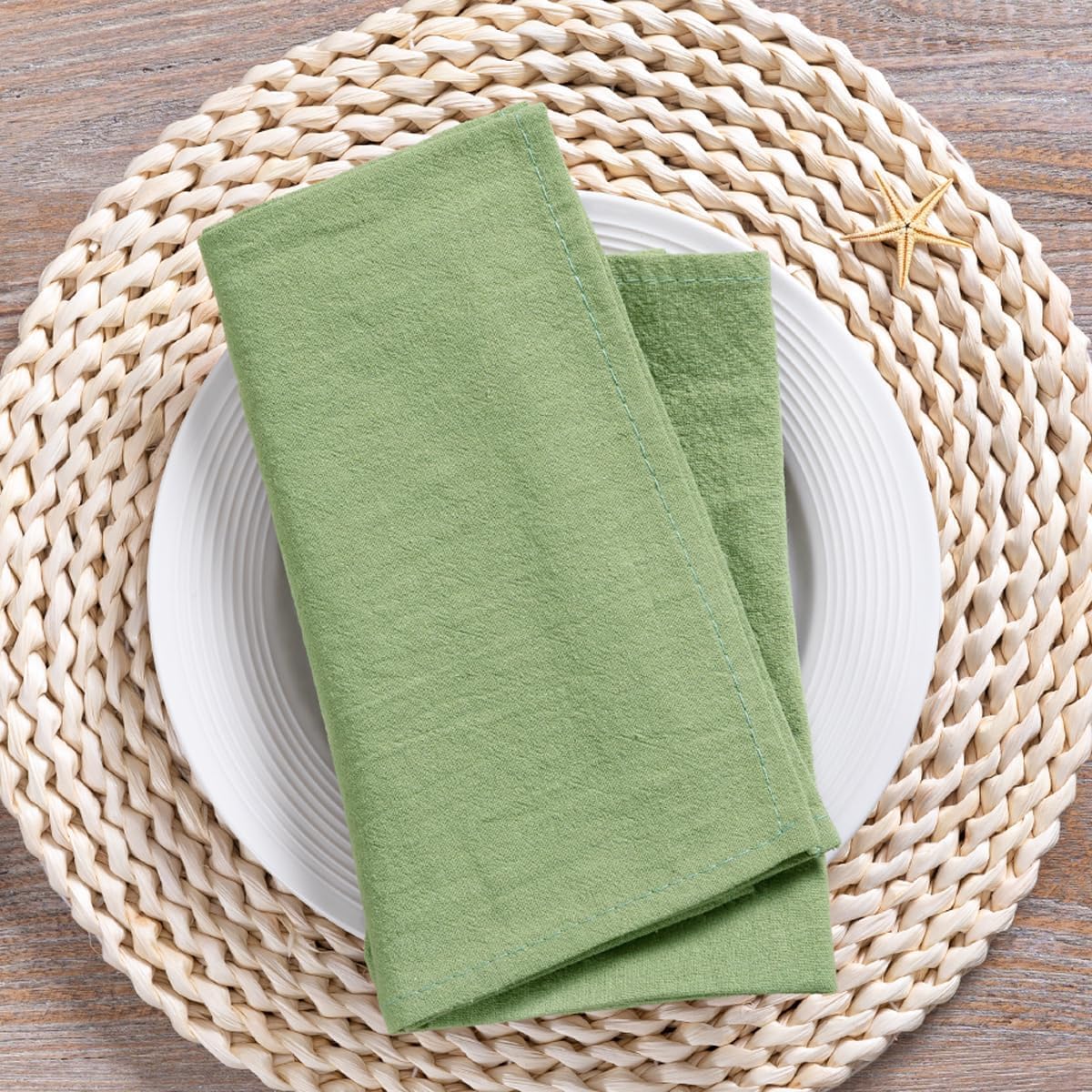 Socomi Tovaglioli In Cotone Con Frange, 43,2 X 43,2 Cm, Rustici E Tinti A Mano, Set Da 8 In Verde Salvia Per Matrimoni, Natale E Baby Shower