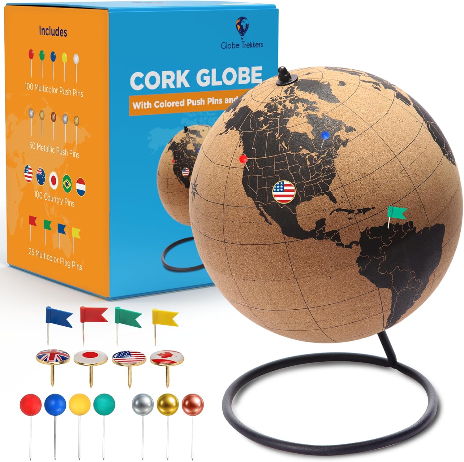 Black Cork Globe with Push Pins - 7.9" Tall Globe with Map of the World and Rotating Stand for Adults, 100 Metallic and 100 Colored Push Pins - World Map for Home, Office, Travel