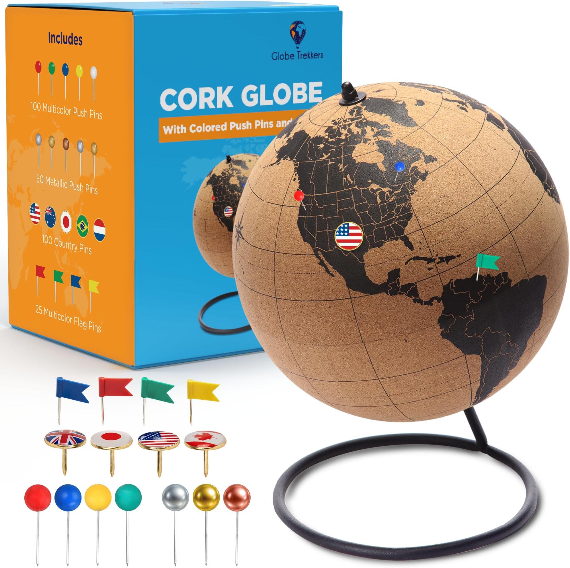 Black Cork Globe With Map of the World - 10" Rotating Stand for Children or A...