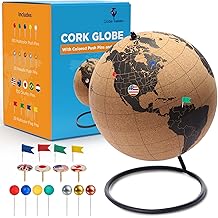 Black Cork Globe with Push Pins - 6&rdquo; Globe with Map of the World and Rotating Stand for Children or Adults, 100 Metallic and 100 Colored Push Pins - World Map for Home, Office, Classroom, Travel, Kids