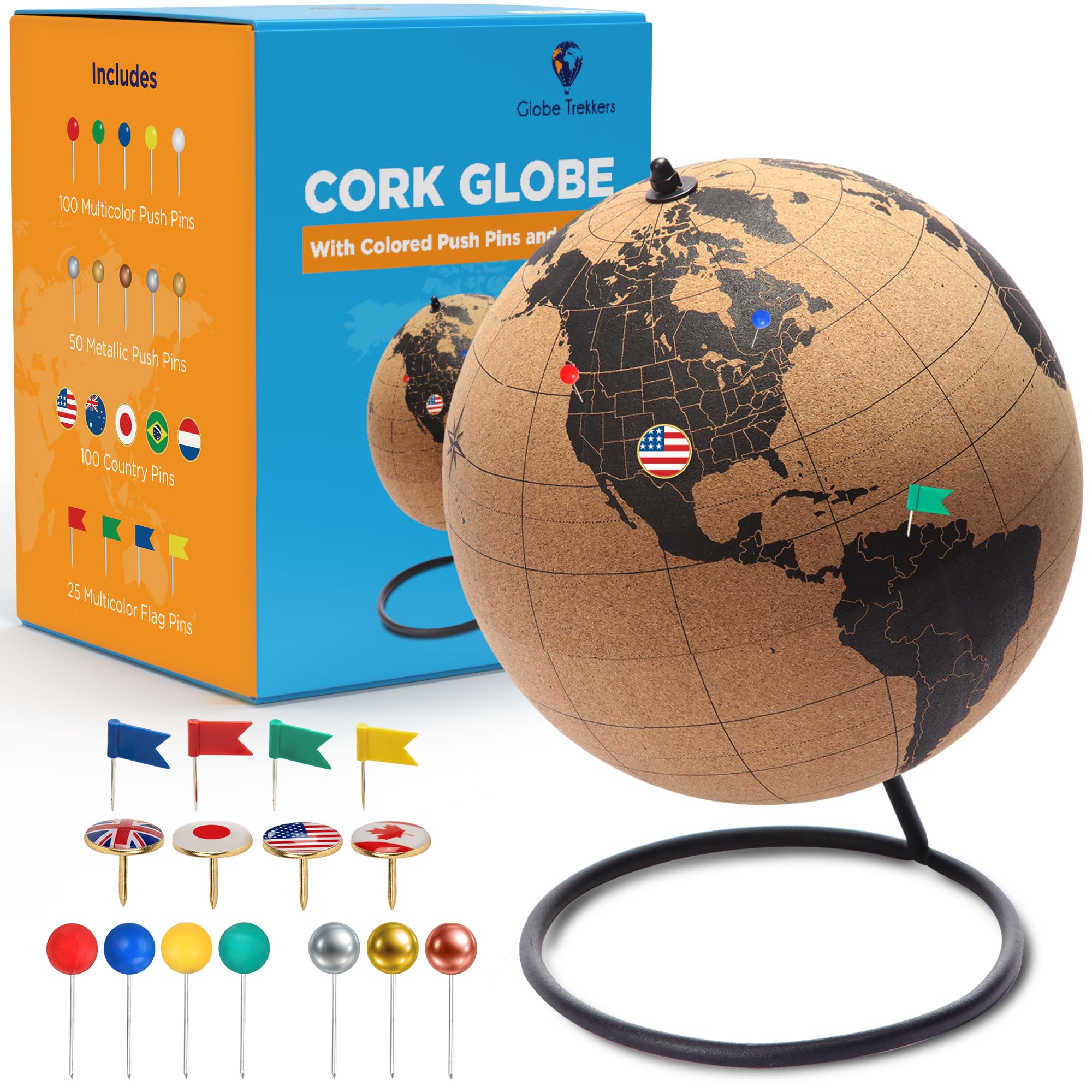 Globe Trekkers - Mini Cork Globe With 50 Different Coloured Push Pins & Durable Stainless Steel Base Great For Mapping Travels & Educational Purposes Does Not Have Plastic Strip Like Most