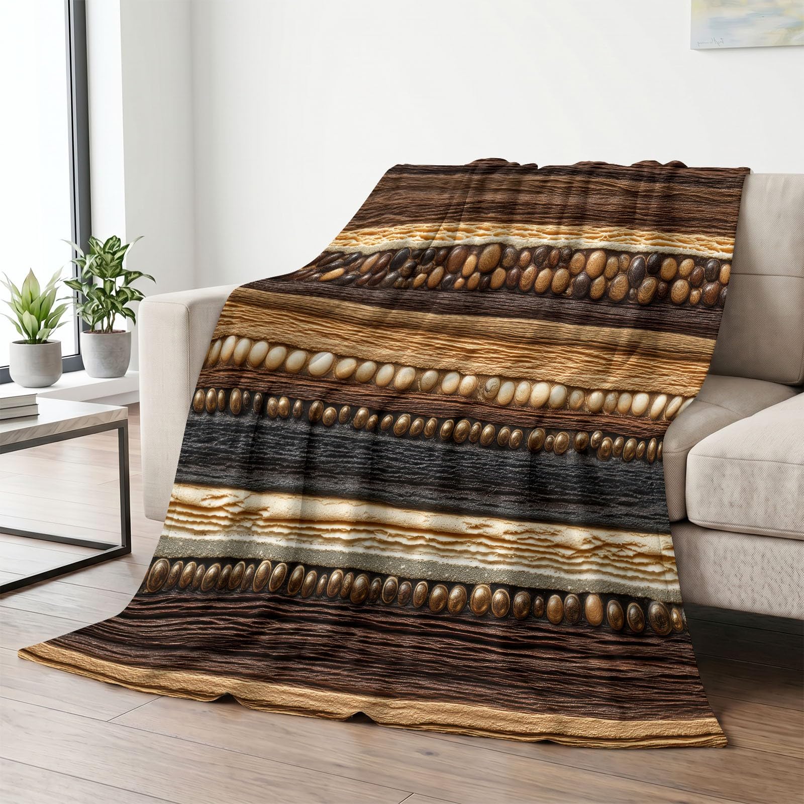 220 x 240 cm Koc polarowy w kratę Naturalne i geometryczne motywy słojów drewna, miękka flanelowa narzuta na łóżko pasuje do dorosłych i dzieci ciepły zima, brązowy