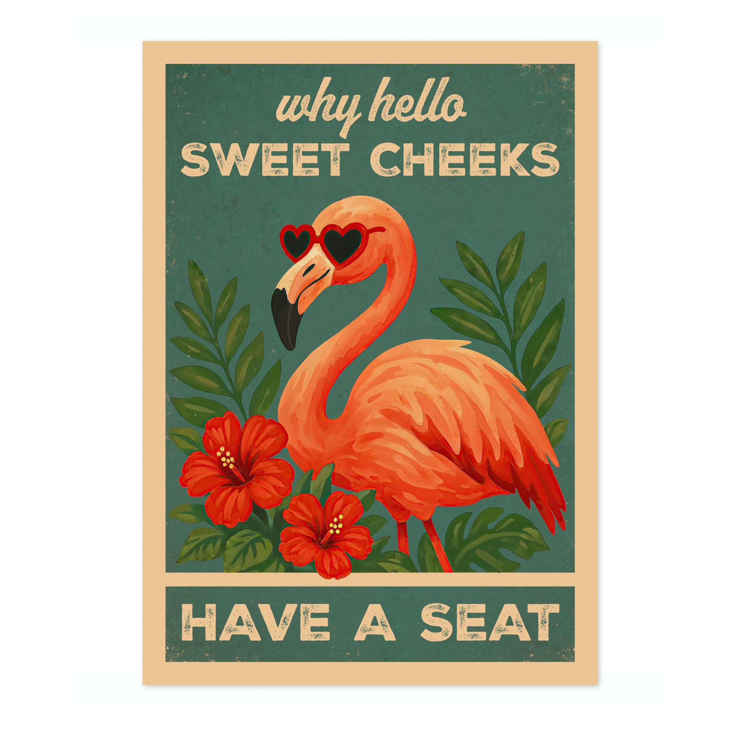 Hello Sweet Cheeks Flamingo Poster, Retro Animal Bathroom Print, Comedy Toilet Wall Art, 50x70cm (Print Only) - 50x70cm โ image 1