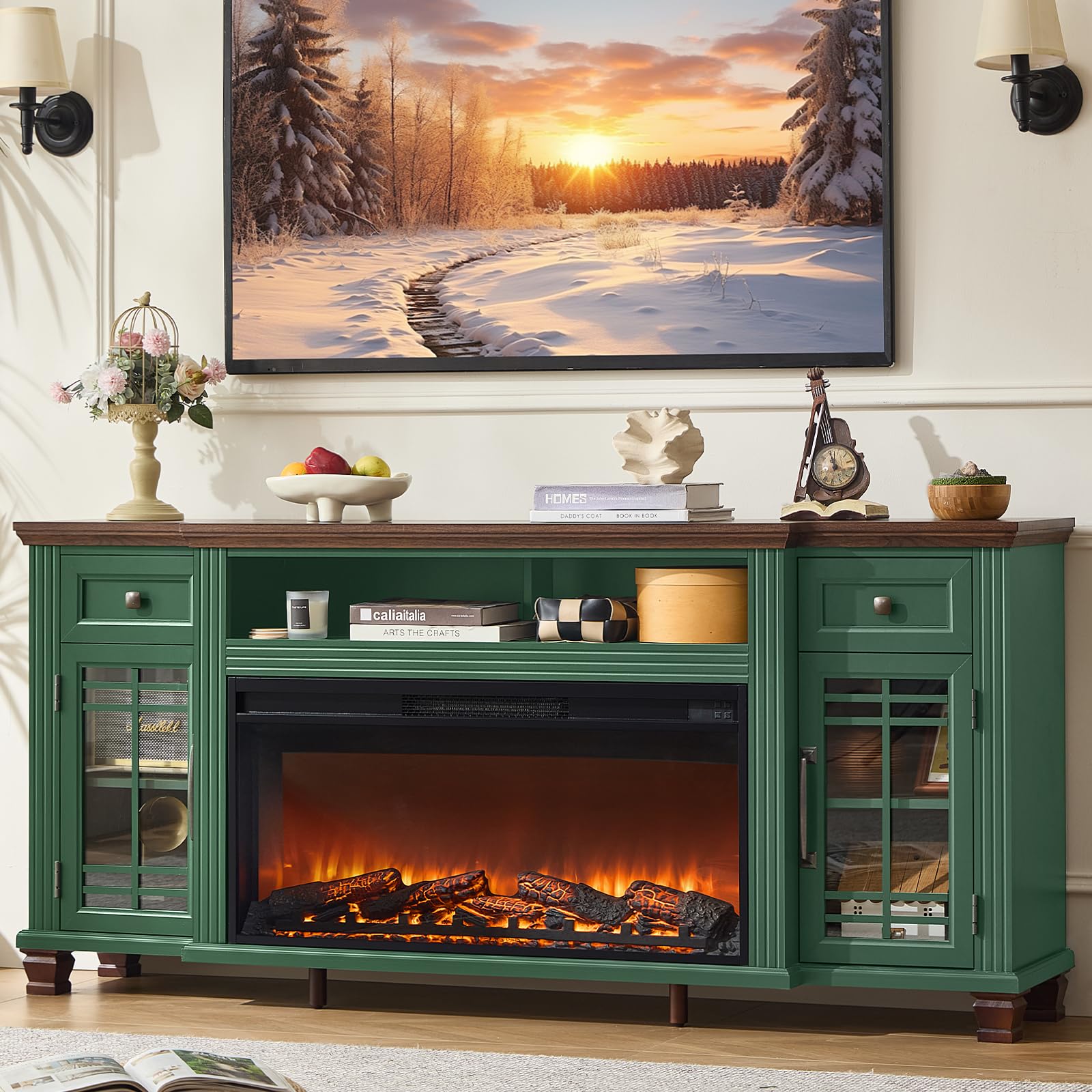 SAVOR LIFE Green Farmhouse Fireplace TV Stand