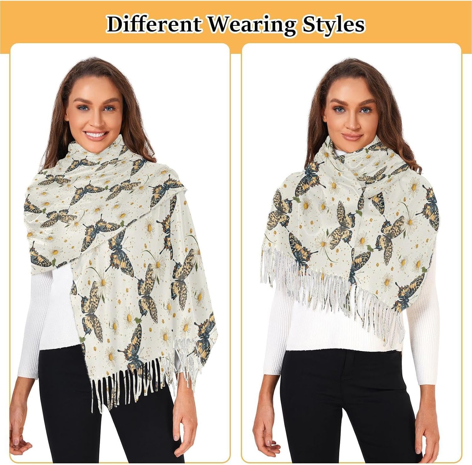 Winter Scarf for Women Vintage Butterfly with Leopard Print Fashion Tassel Shawl Wraps for Women, Cold Weather Warm Womens Scarves Soft Long Scarf Gifts