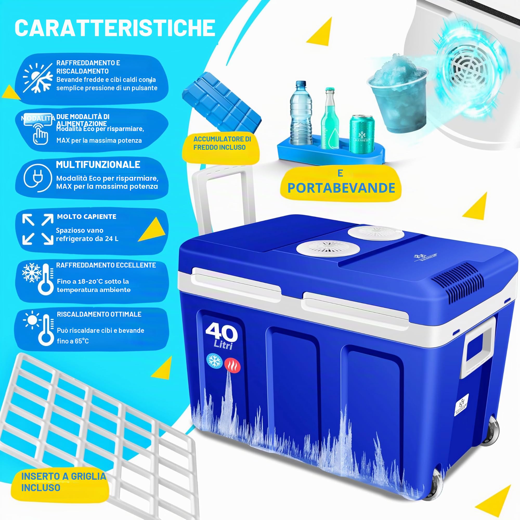 KESSER® Frigo box 40L con ruote | per mantenere il calore e il raffreddamento | frigo box termoelettrico | 12 Volt e 230 Volt| Mini frigo | Box termico per auto| incl. Pacchetti di raffreddamento