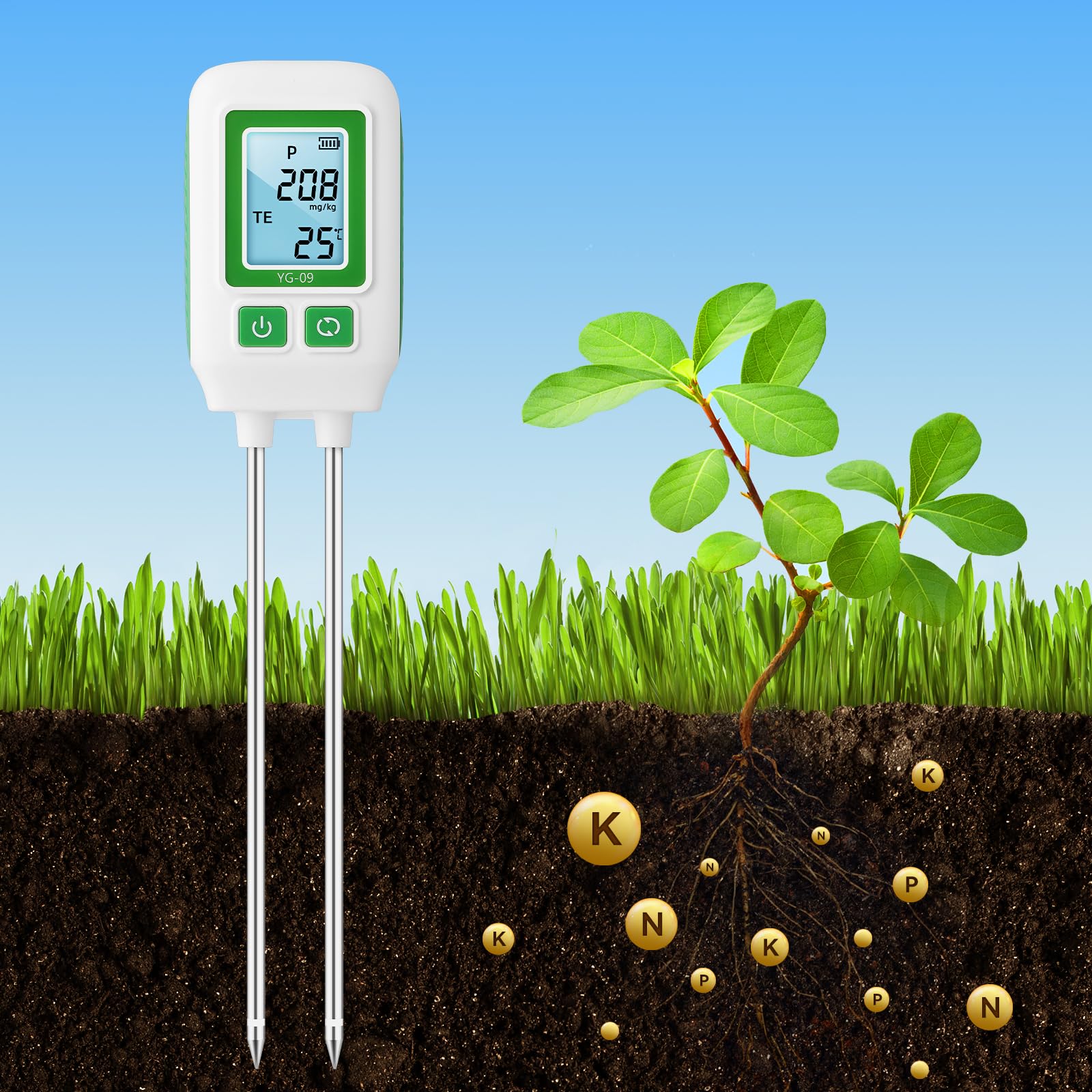 Misuratore di Suolo 4 in 1 per NPK e Temperatura, Sonda da 268mm Tester Digitale di Fertilità per Giardinaggio Domestico Piante e Orto