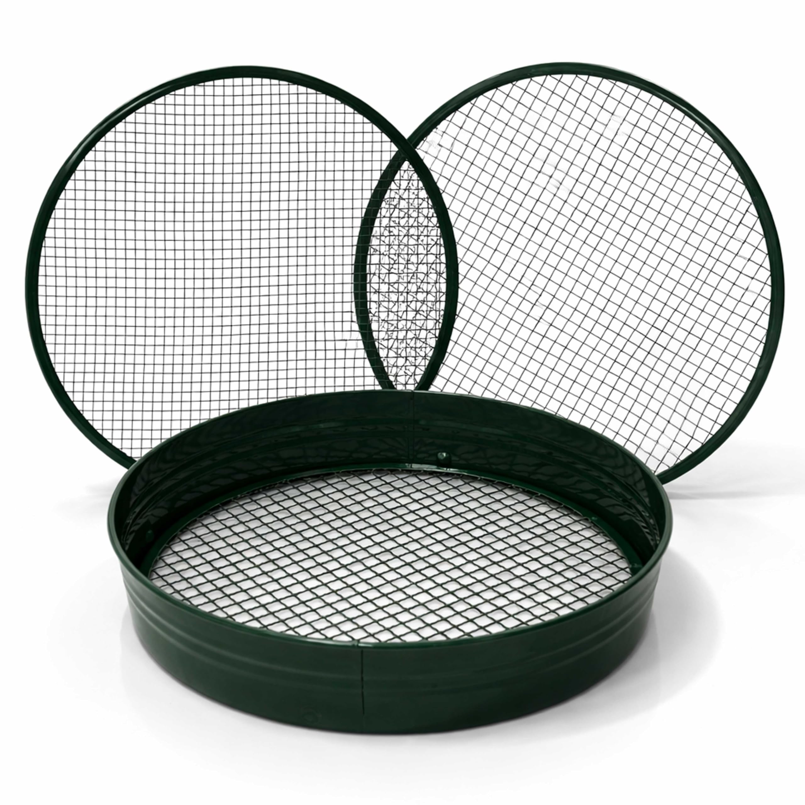 ADEPTNA Metal Garden Soil Sieve Riddle with Interchangeable Mesh 1/4 3/8 1/2 Inch Heavy Duty Steel Frame Compost Soil Stone Sifter for Gardening Lawn Planters (3 in 1)