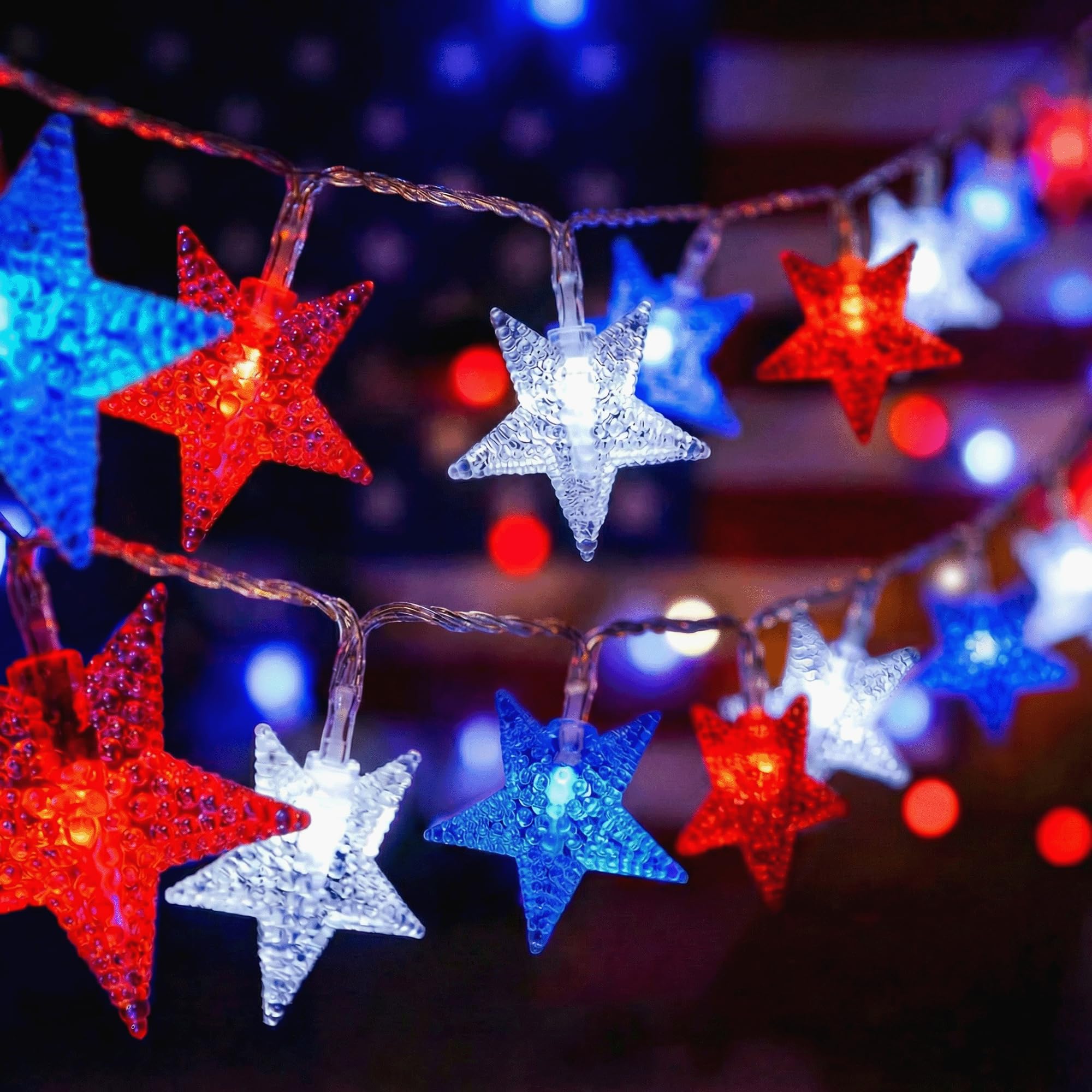 ITICdecor Indoor Decor Red White Blue Star String Lights 15FT
