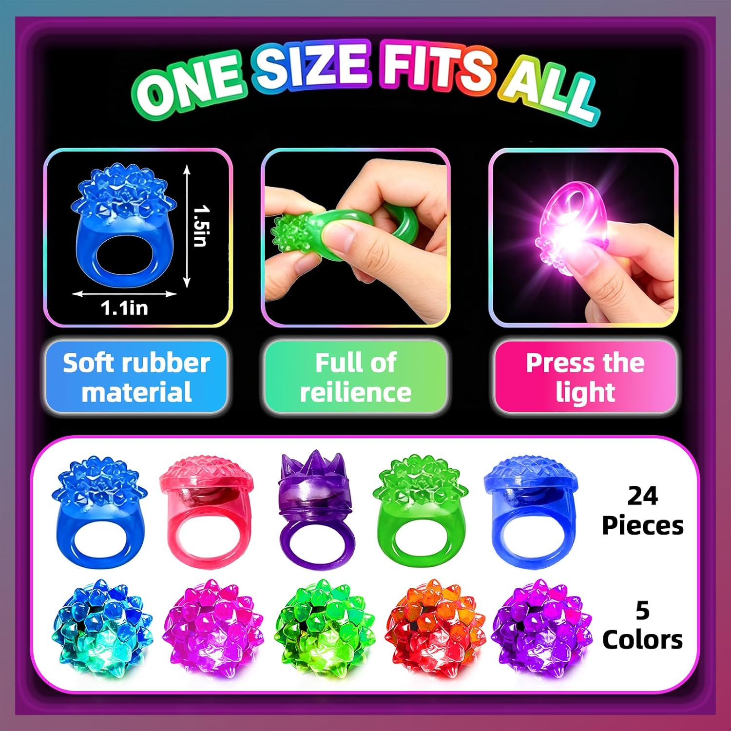 24 Light Up Rings Glow Dark