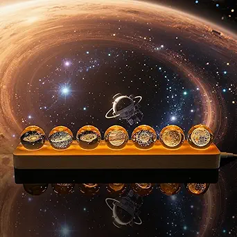 Set of 7 Planet Crystal Ball Night Light 1.57-inch Solar System Galaxy Decorative Balls with LED Wooden Base for Meditation Positive Energy Decor