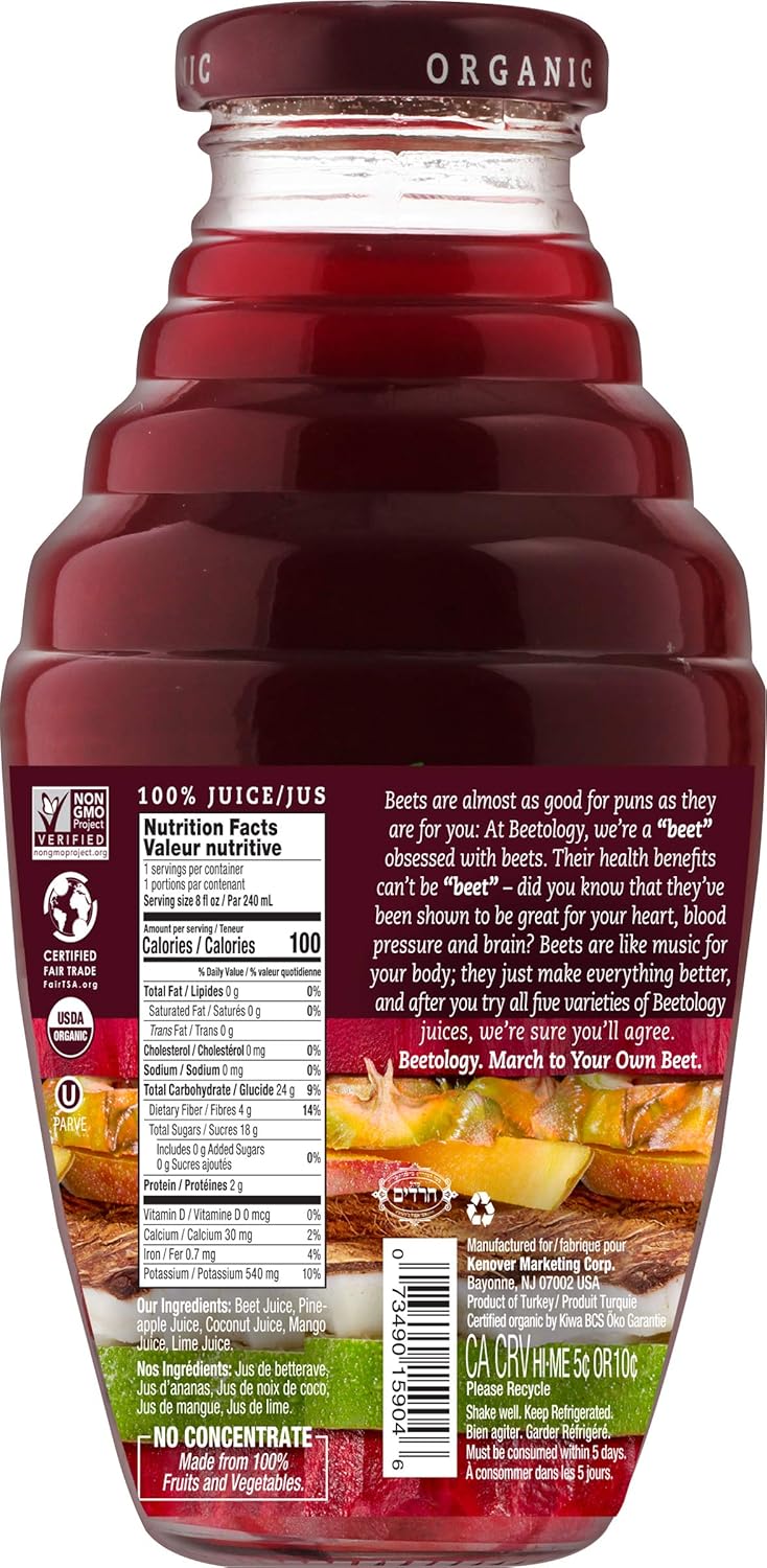 Beetology Organic Beet and Tropical Juice, 8.45oz (6 Pack) | 100% Cold Pressed | Heart Healthy | Nutrient Packed Vegetable Juice | Vibrant Flavor | Wonder Beet
