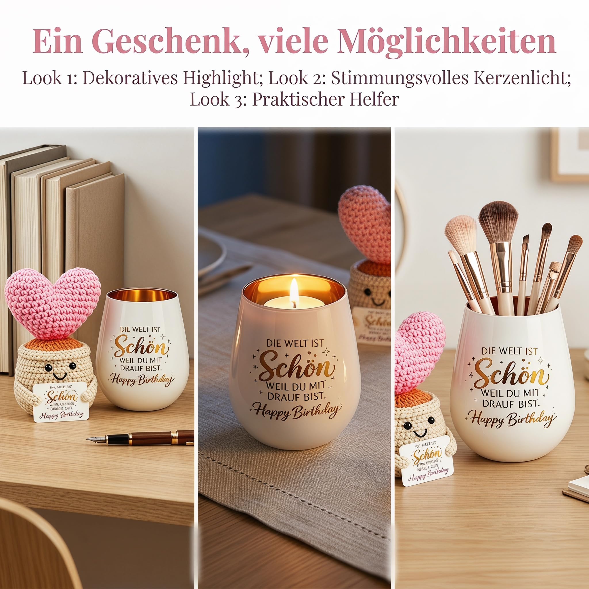 Geburtstagsgeschenk für Frauen, Windlicht mit Gravur und Gehäkelte Liebespuppe, Happy Birthday, Geschenk zum Geburtstag für Freundin, Mama, Oma, Schwester