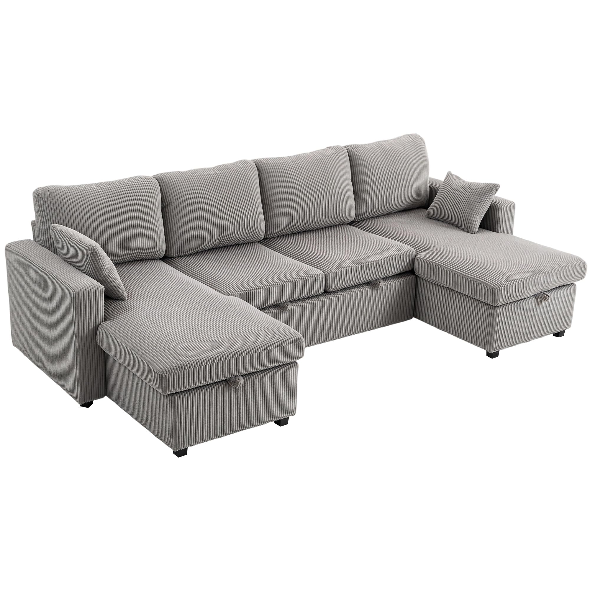 HOMCOM Divano Letto con Letto Estraibile Imbottito, Divano Angolare Convertibile 4 Posti a Forma di U con 2 Chaise Longue, Vani Contenitore e 2 Cuscini, in Velluto a Coste, 282x140x86 cm, Grigio