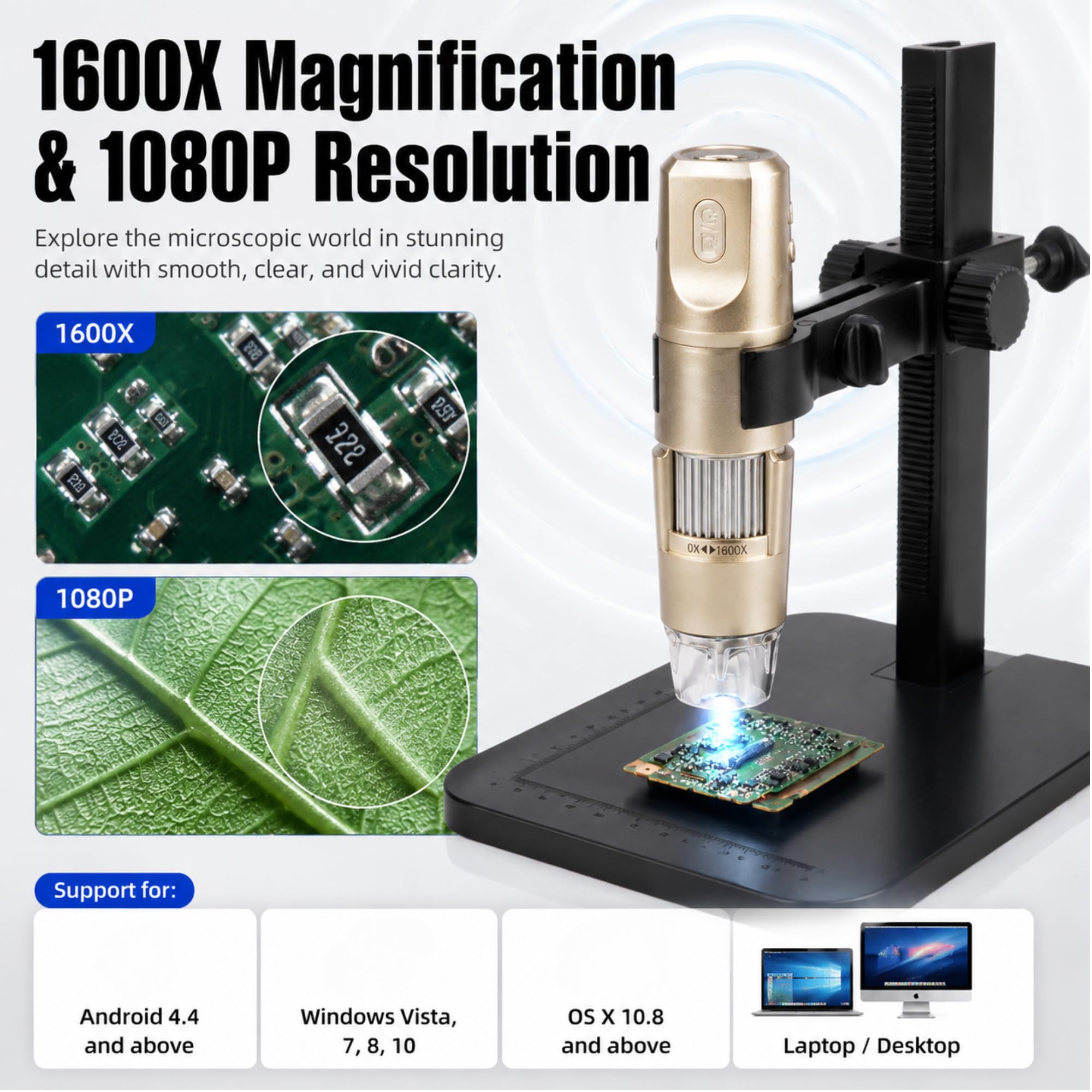 Microscopio Digital USB 1600X WiFi Microscopio de Aprendizaje Inalámbrico Fotografía y Grabación 1080P, con 8 LED y Soporte Ajustable para Profesores, Estudiantes, Colecci