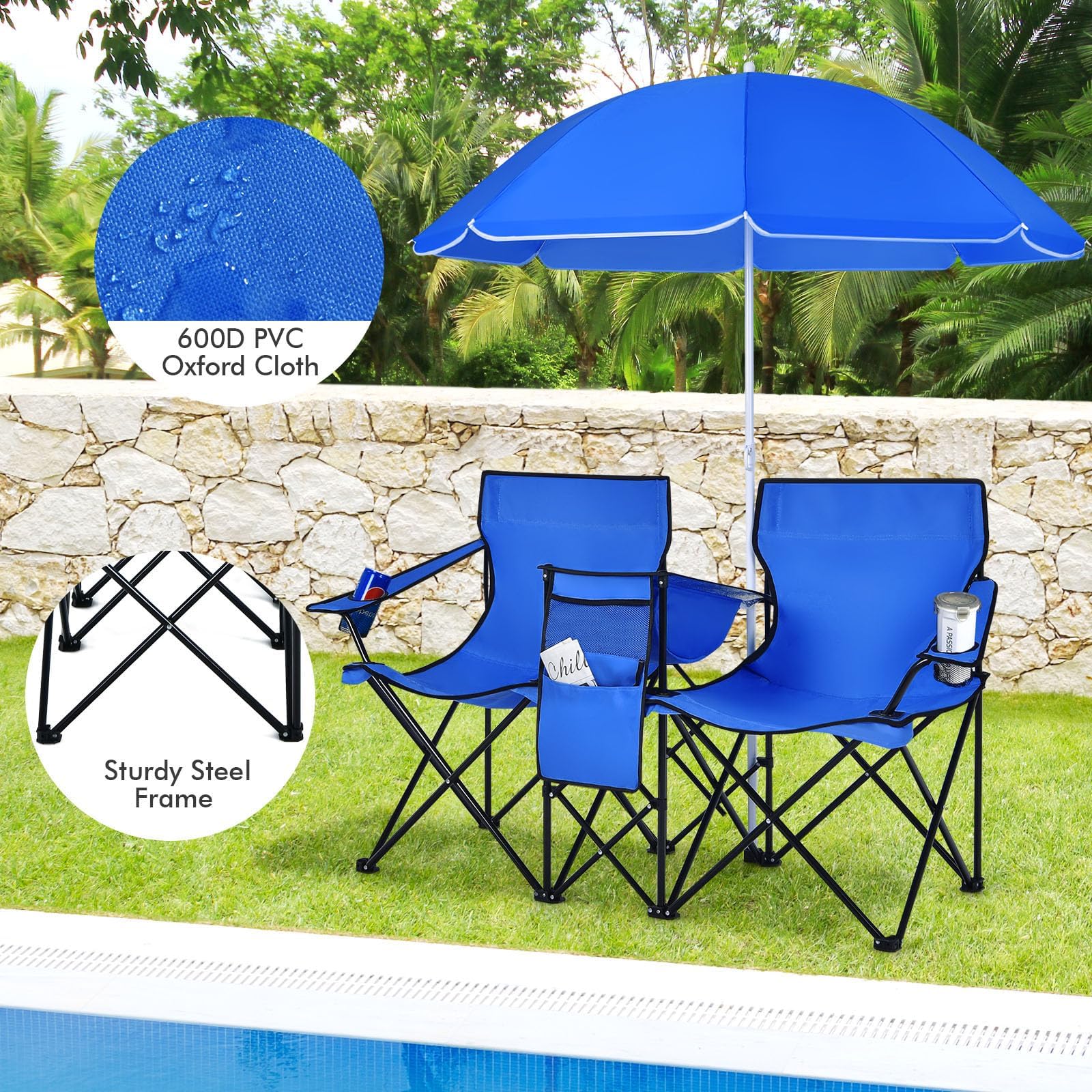 FANTASK Chaise de pêche Pliable avec Un Parasol Amovible, 2 Places, Chaise de Camping avec Sac de Transport, Chaise Pliante