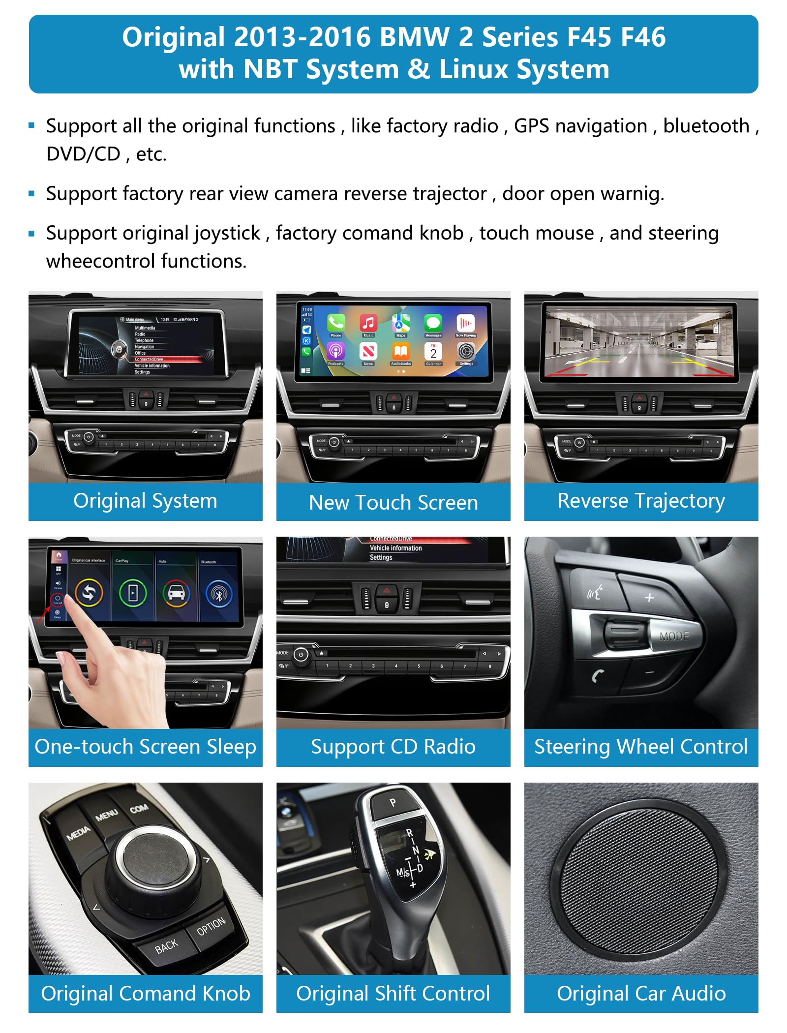 Autorradio de 12,3'', Apple CarPlay/Android Auto/Mirrorlink/GPS para BMW Serie 2 F45 F46 2013-2016 con Pantalla táctil NBT, actualización de estéreo para automóvil