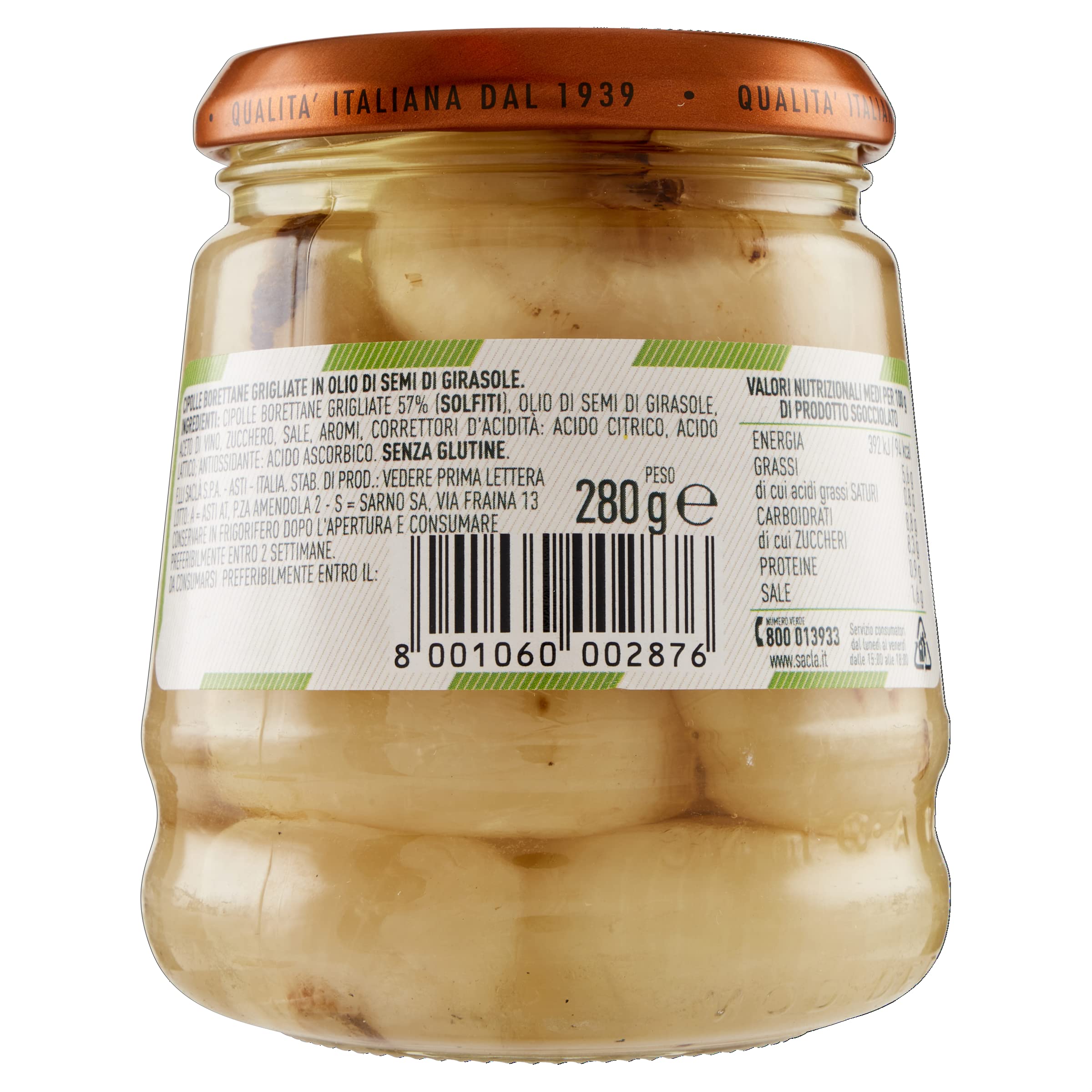 Saclà, Sottoli Grigliati, Cipolle Borettane Grigliate, Ideali per Antipasto, Contorni e per Arricchire i Tuoi Piatti, Vaso Vetro, 280g, Confezione da 12 Pezzi
